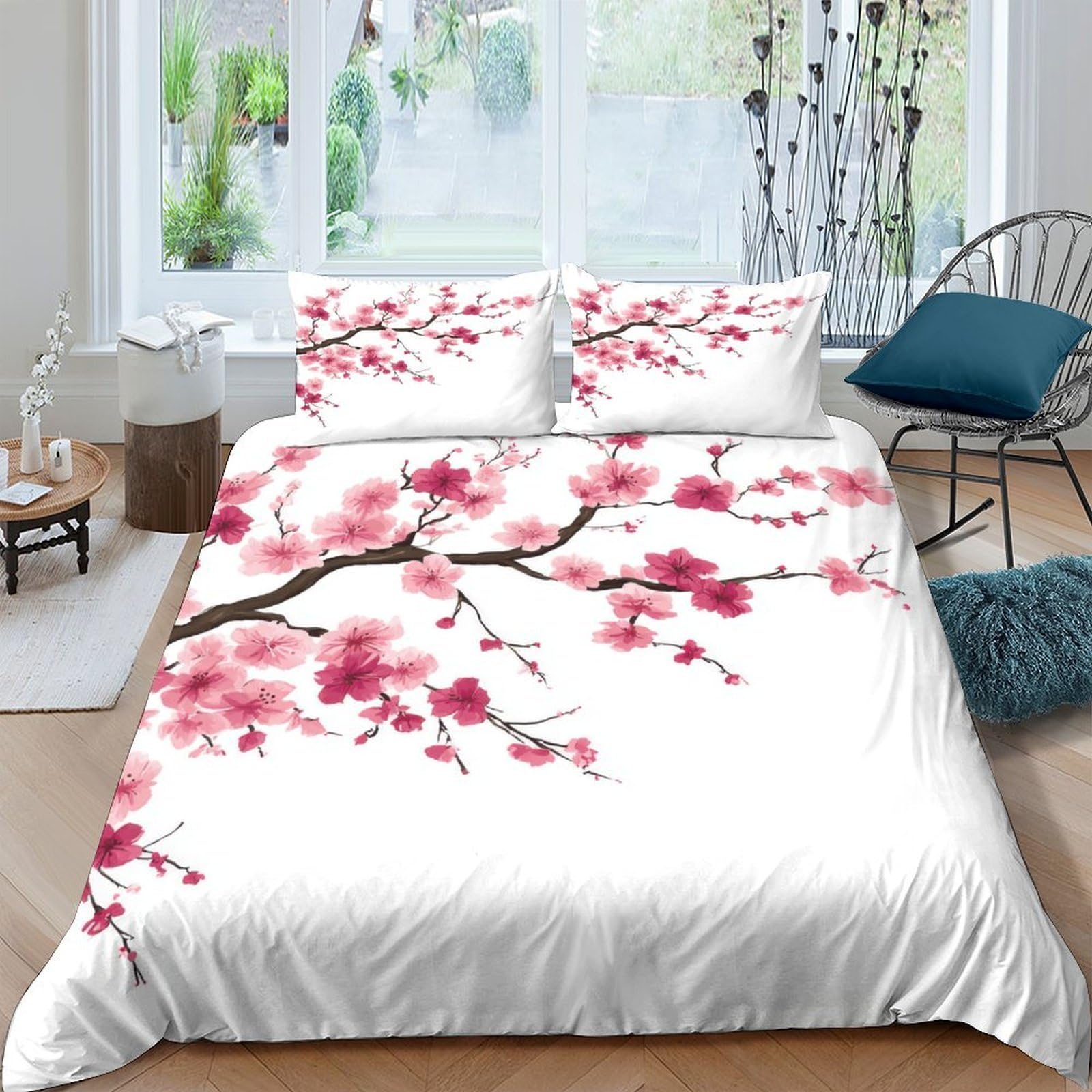 Ctjqhvkz Style-10 3D Printed Cherry Blossom Fitted Sheet Microfiber Soft Decor Pink Floral Bed Cover For Bedroom Guest Room Single（135X200cm）