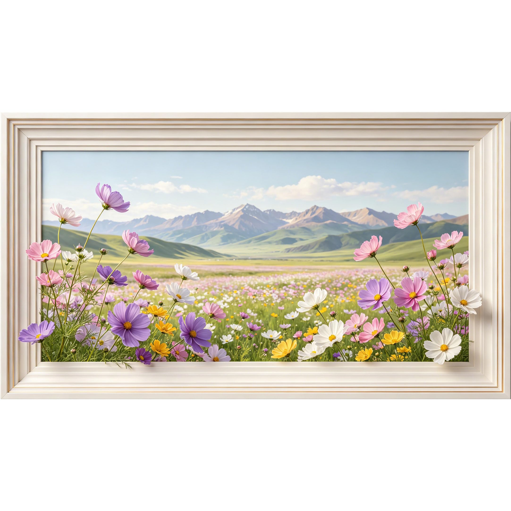 QZLITHOTIC 50×90cm3D Framed Wall Art， Scenic Mountain Wildflower Meadow Landscape SelfAdhesive Mural， WaterActivated Peel & Stick Fabric Decor Wall Decal for Bedroom Living Room