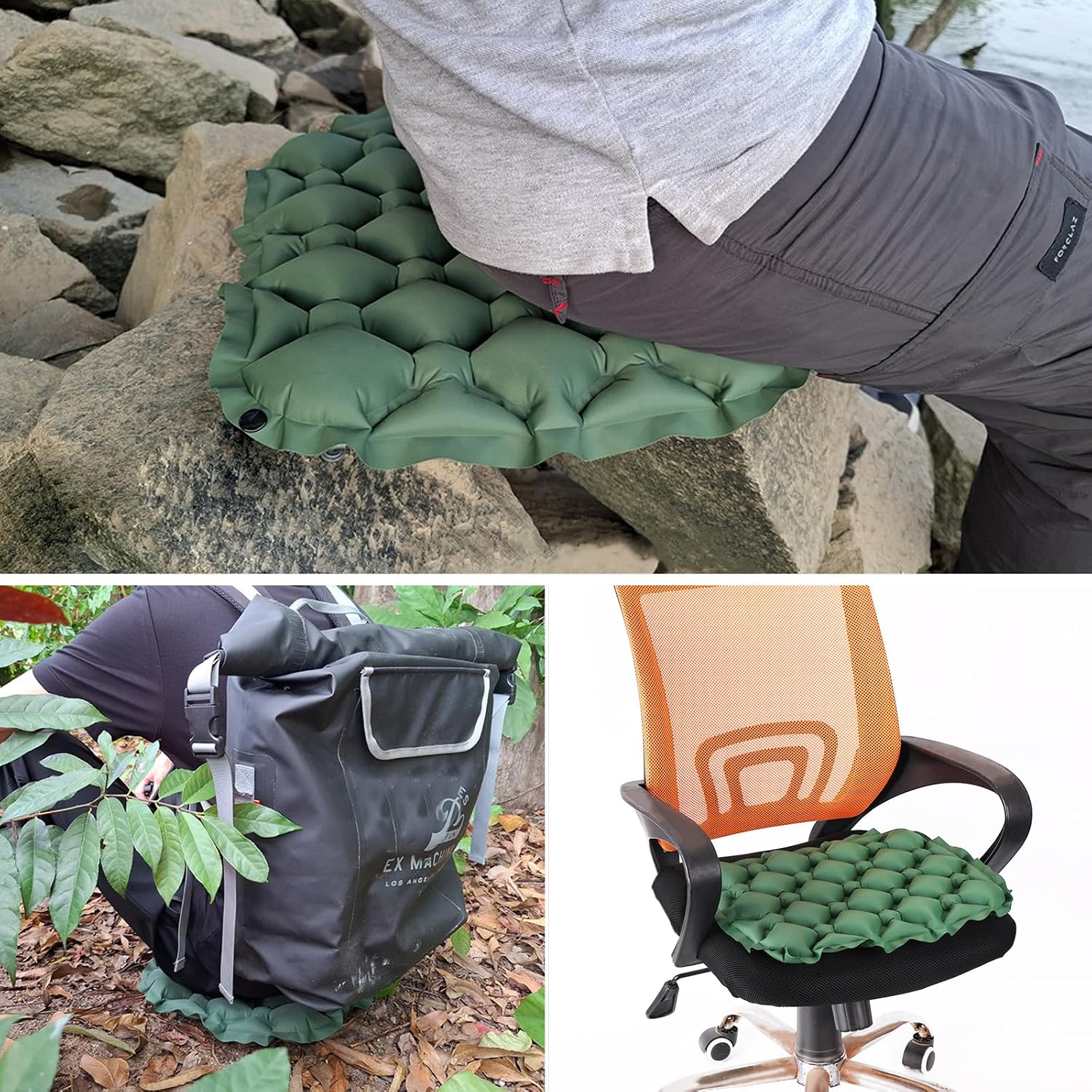 Ultralight Inflatable Seat Cushion Seat Pad with Air Pump, Easy to Inflate & Deflate Compact Air Pad with Storage Bag for Camping Fishing Office Airplane Stadium Car (Green with Pump)