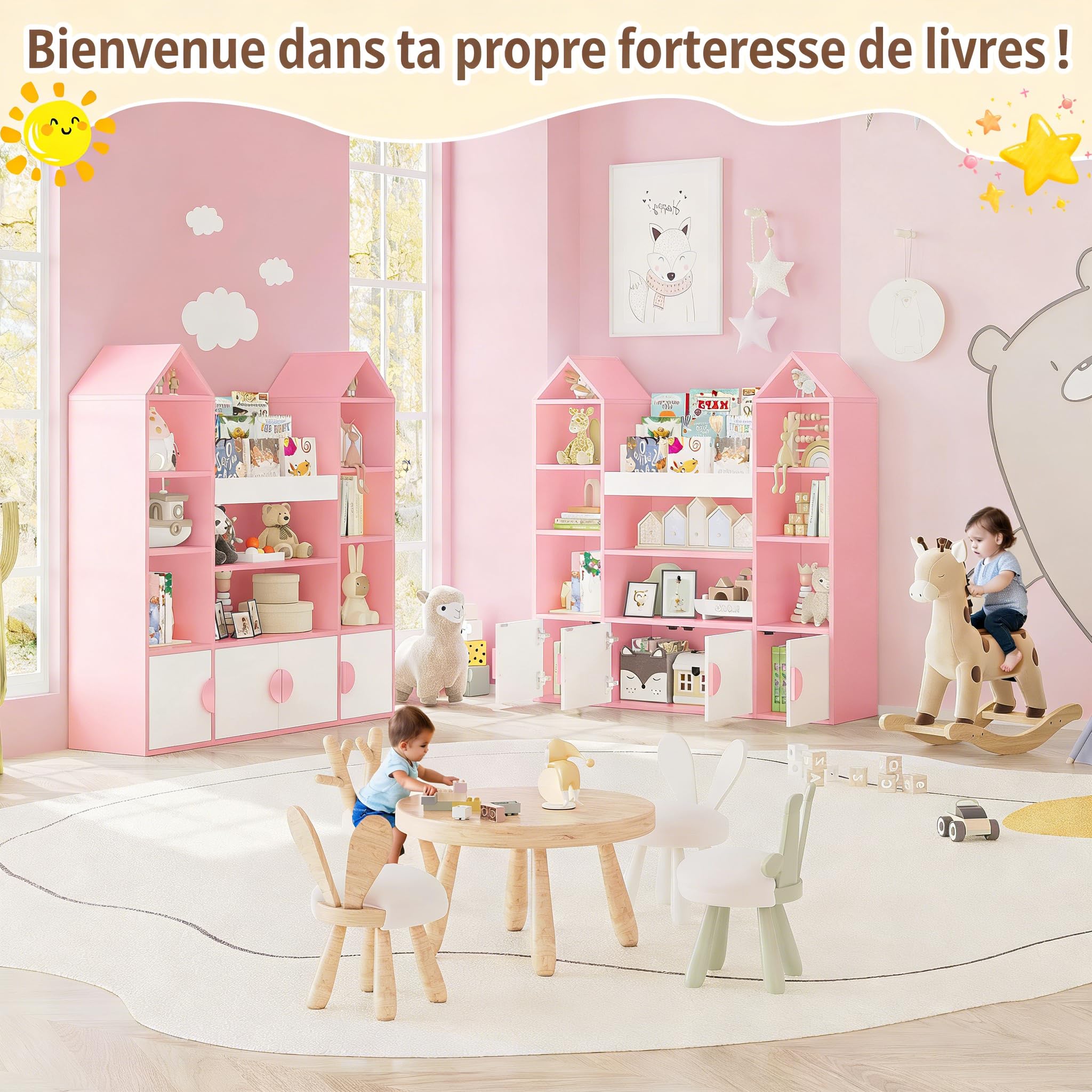 IRONCK Bibliothèque Enfant, Meuble Rangement Jouet, Meuble de Rangement Enfant, Étagère Ouverte à 4 Portes et 10 Étages, Design château, adapté d'enfant, Salon, Salle de Jeux 123.5x33x127cm (Rose)