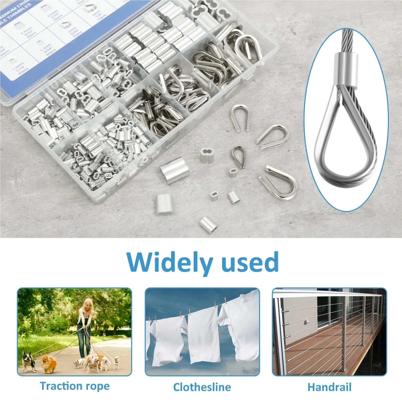 340 pièces de manchons sertissage en acier inoxydable, clips fixation, aluminium/joints câbles M1-M5, cosses câble Convient aux câbles et aux cordes