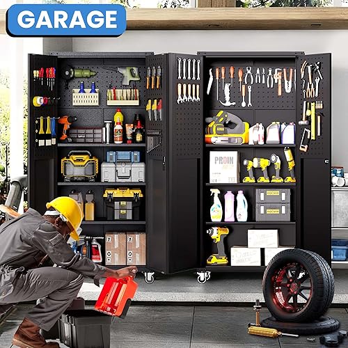 Vista 48 de Armario de almacenamiento de metal con estantes ajustables, armario de herramientas de garaje con 2 puertas con cerradura para oficina, hogar