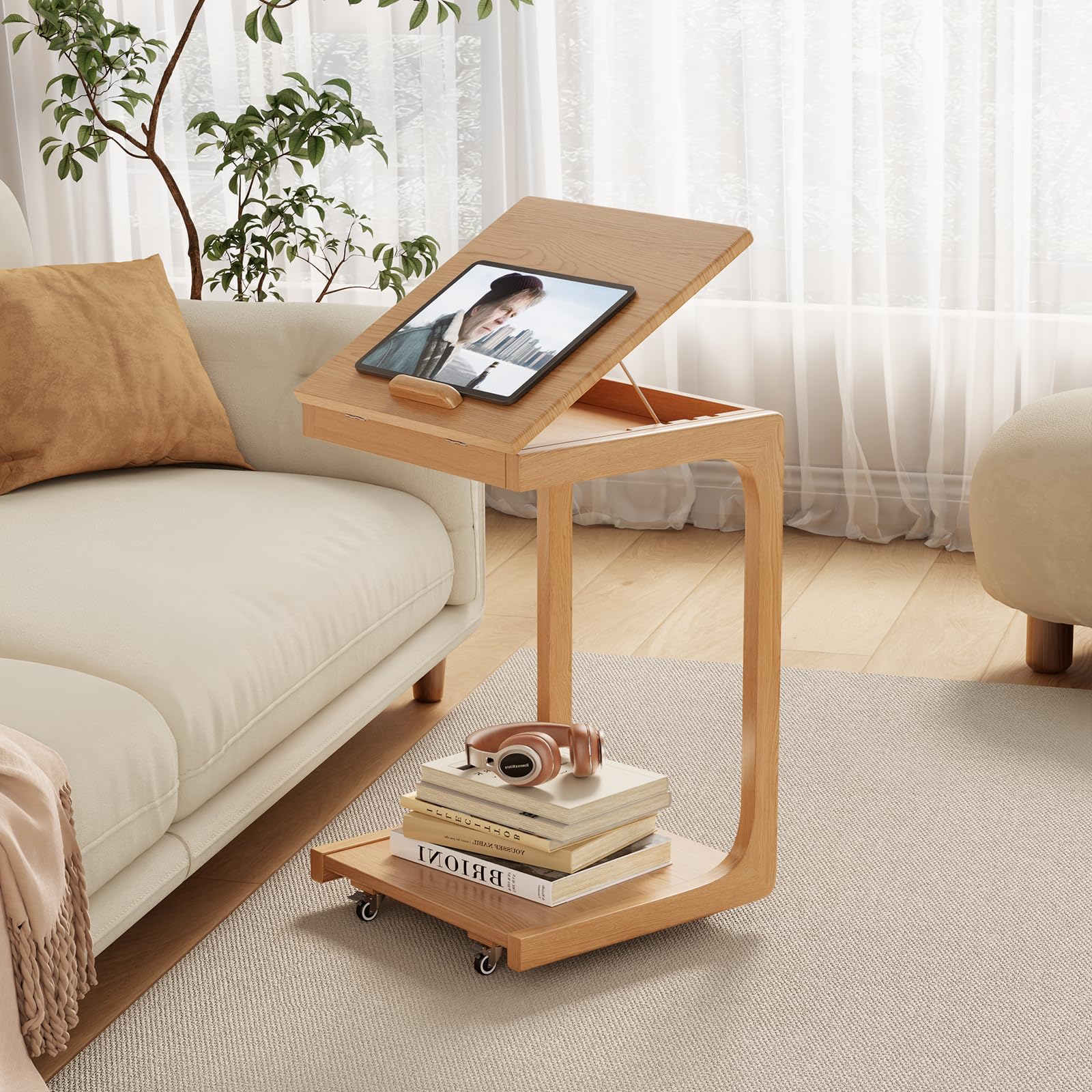 AQIMUELE Wooden C-Shaped End Table,Couch Table with Adjustable Desktop,Small Rolling Side Table with 2 Lockable Wheels,Small End Table for Couch,