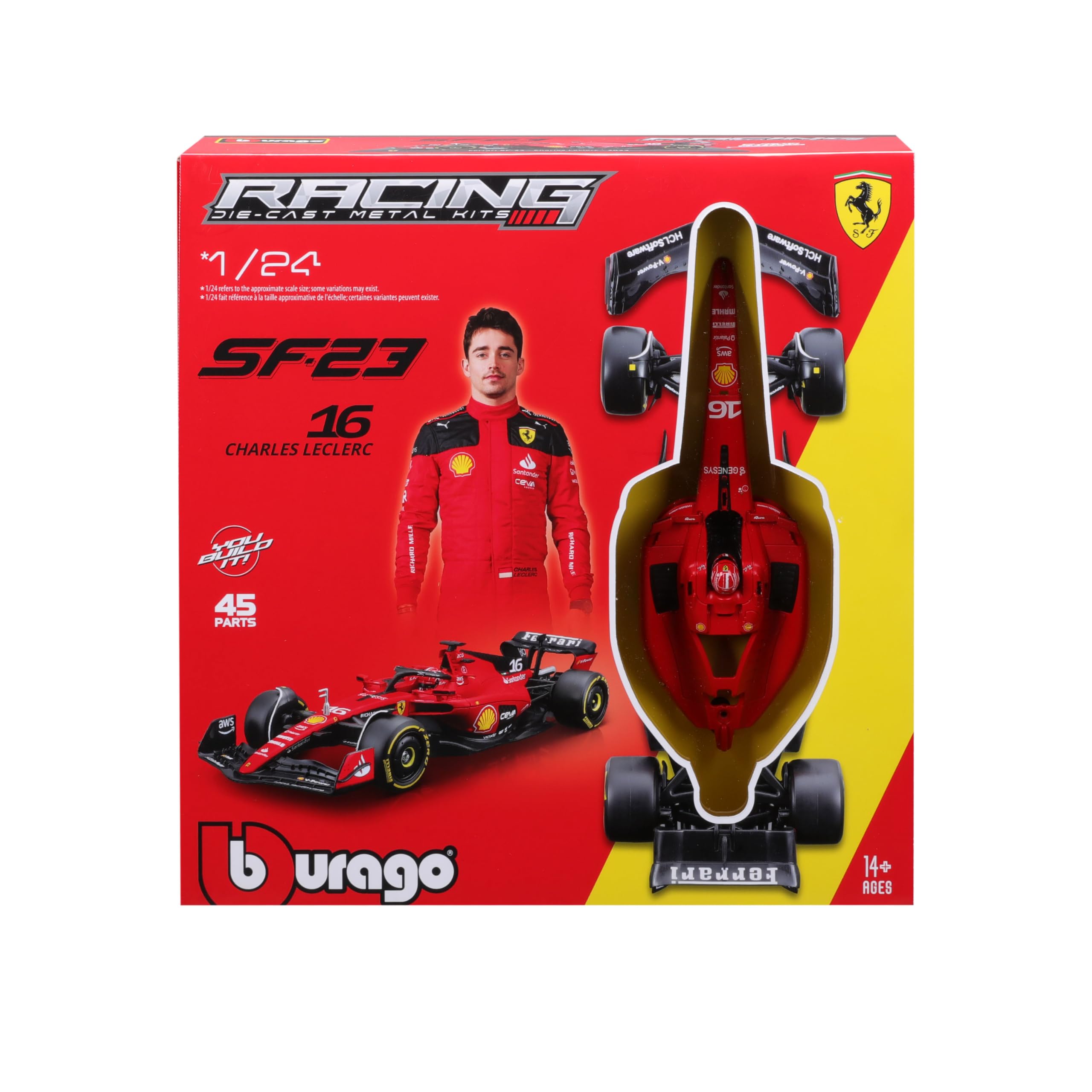 Bburago Formel 1 KIT Ferrari SF23 (2023): Modellauto Bausatz im Maßstab 1:24, 45-teilig, von Fahrer #16 Charles Leclerc, Window Box, 27cm, schwarz-rot (18-26851)