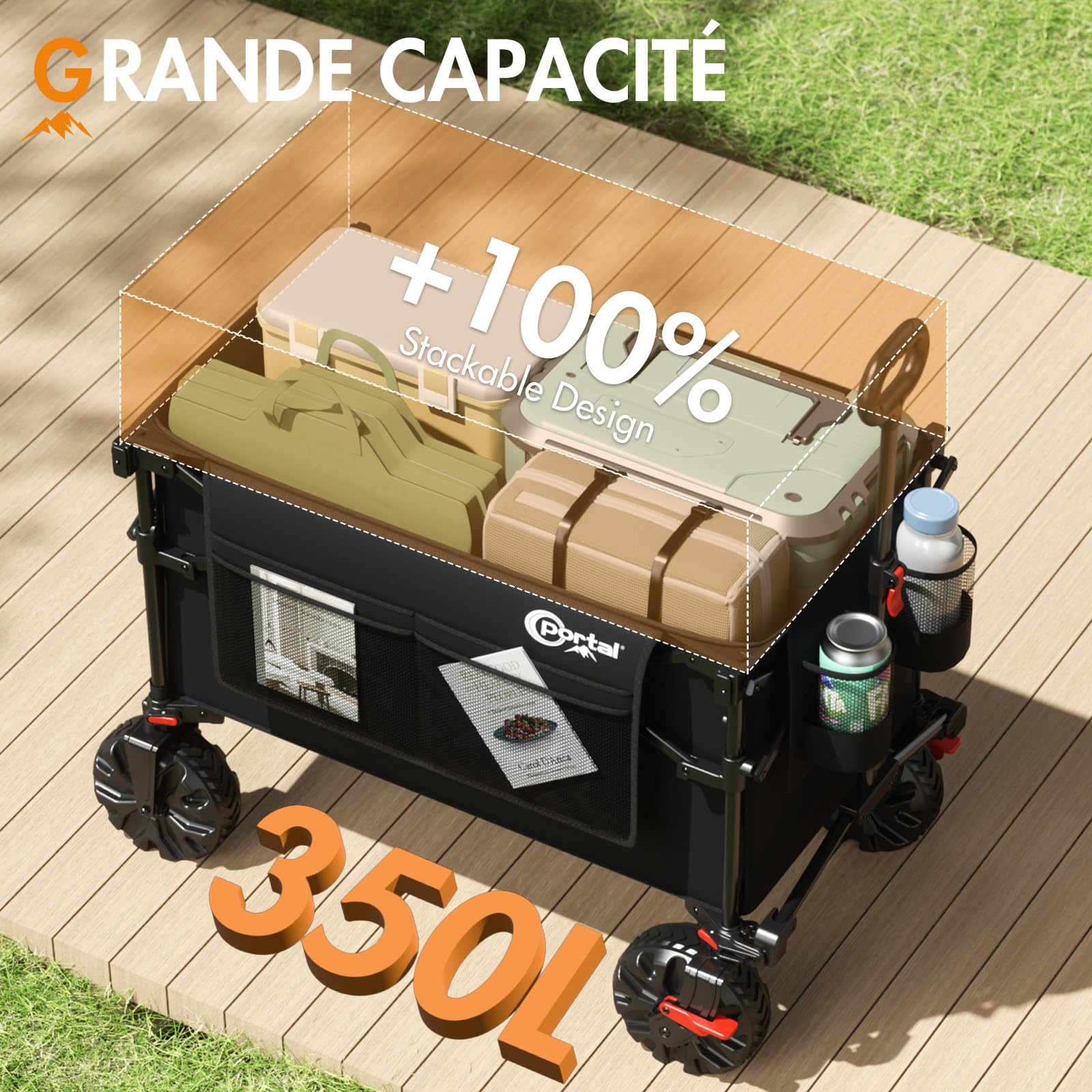 PORTAL Chariot de Plage Pliable avec Toit Chariot de Transport à roulettes Tout Terrain Poignée Réglable Charrette pour Extérieur Camping Pique-Nique