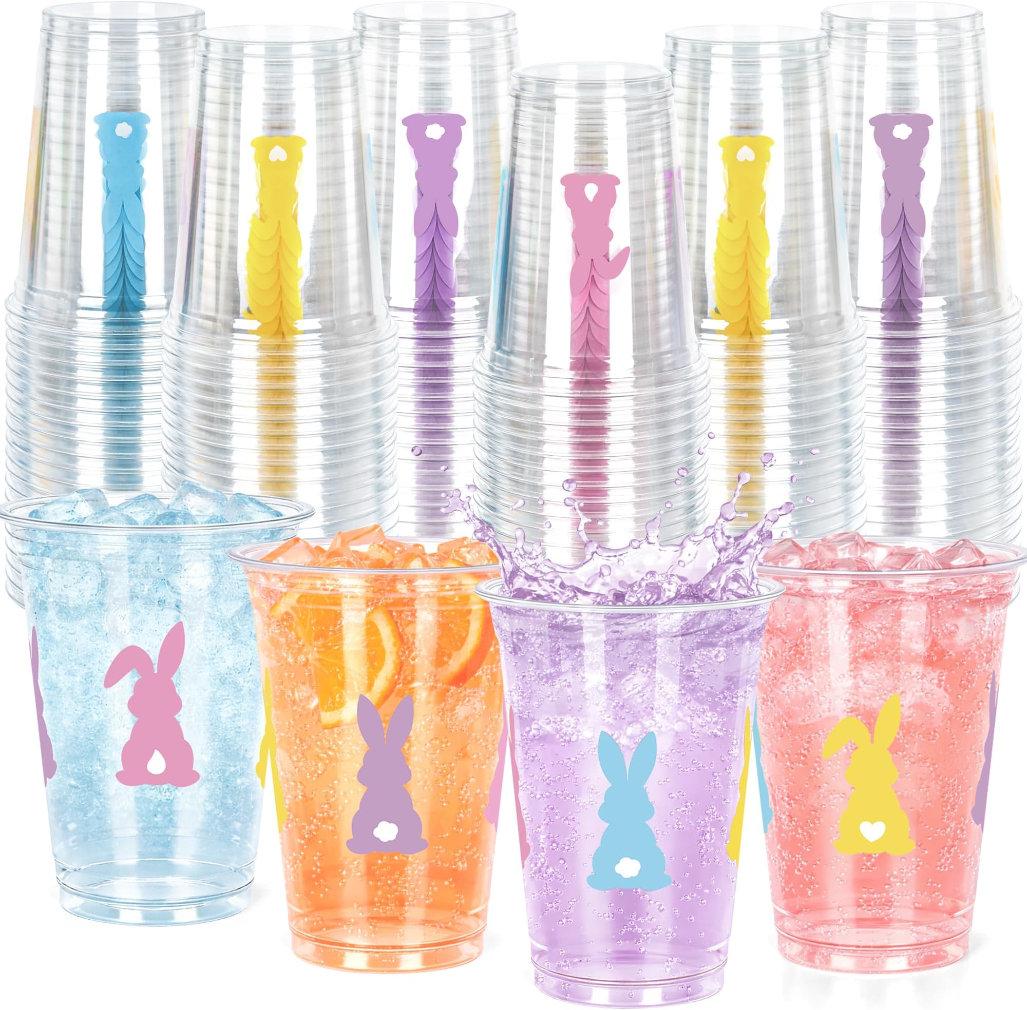 100 Pack Bunny Easter Cups, 14 Oz Clear Disposable Plastic Cups Easter Party Decorations, Festive Rabbit Print Tableware Cup for Spring Holiday Party Supplies Gatherings Picnics Cold Drinks Beer