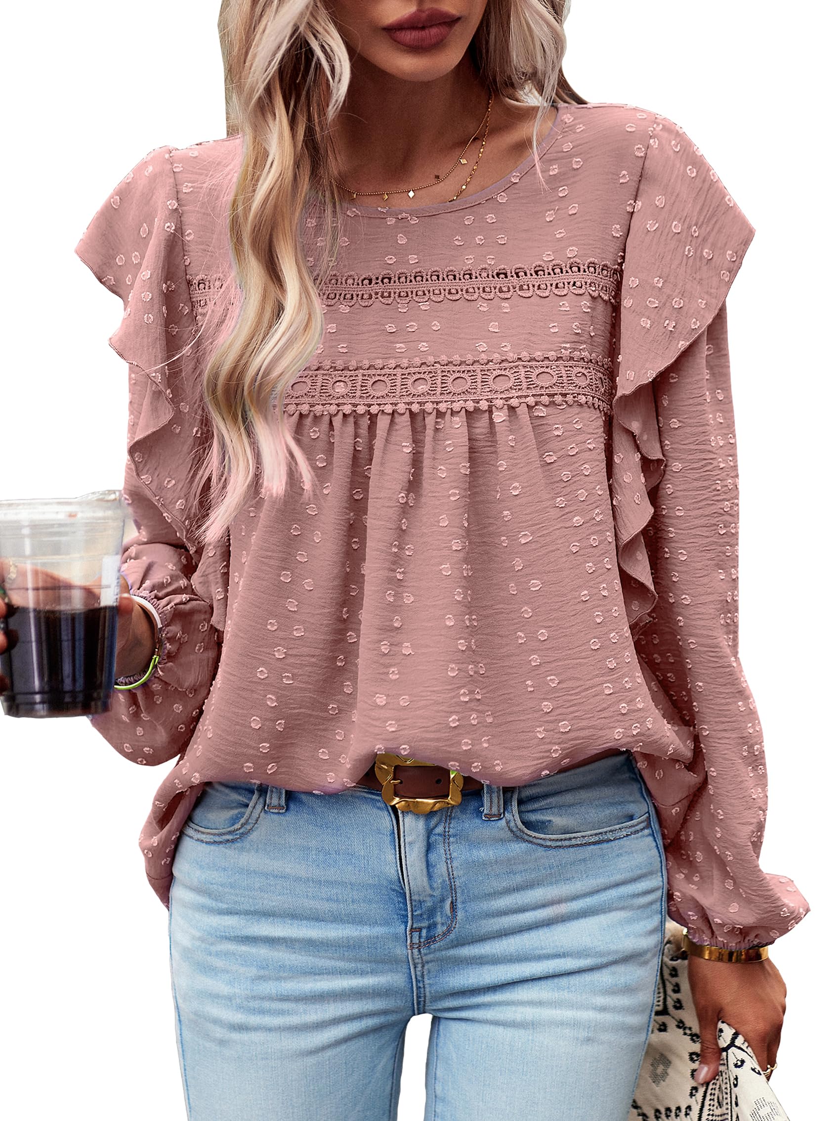 MYCOLORBLUE Blusen Tuniken für Damen Elegant Rüschenärmel Swiss Dot Spitzenbesatz Vorne Falten Streetwear Rundhals Bluse