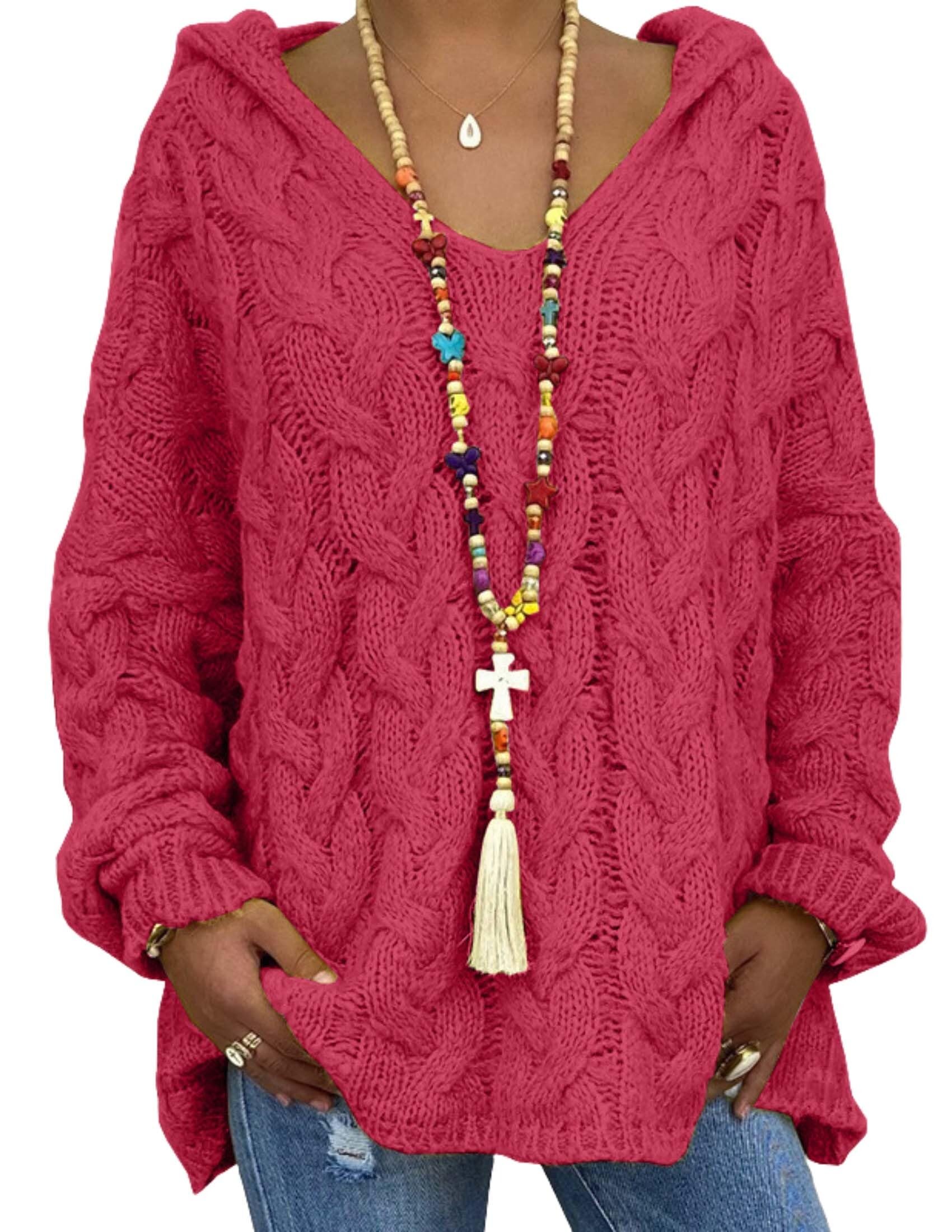 LIZALIG Womens Chunky Cable Knit Long Sleeve Oversized Pullover Hooded Sweater V Neck Loose Casual Top