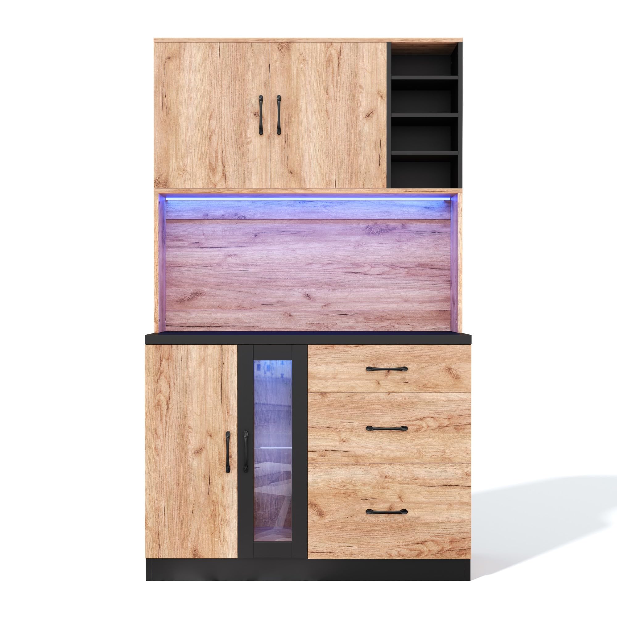 Mobile moderno da cucina, 105 × 38,3 × 180 cm, nero + effetto legno, ripiani regolabili, adatto per cucina, sala da pranzo, soggiorno