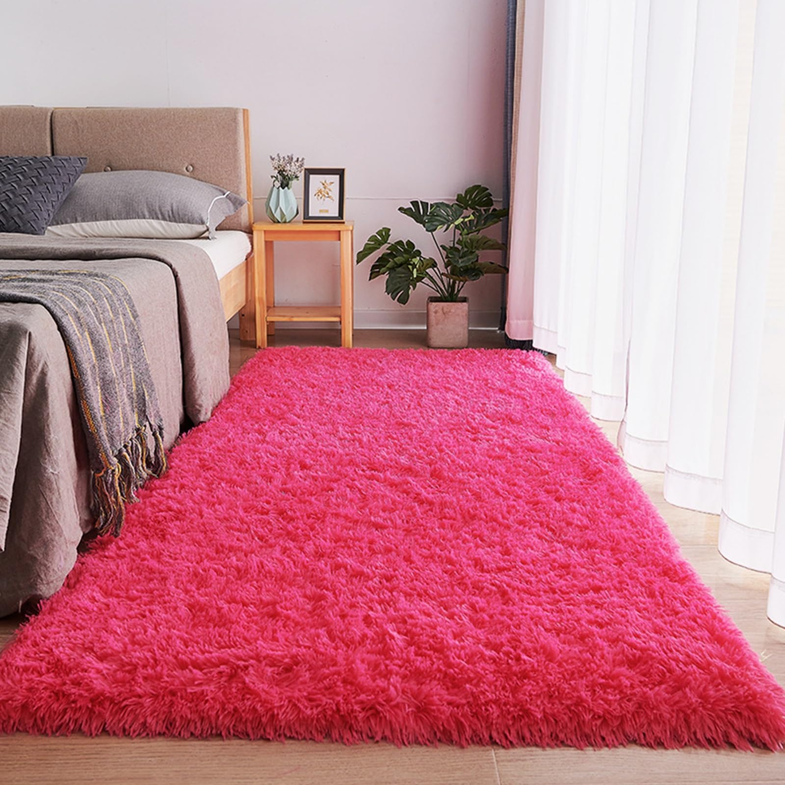 Tapis Salon à Poils Longs Rose Rouge 215x225 cm Moderne