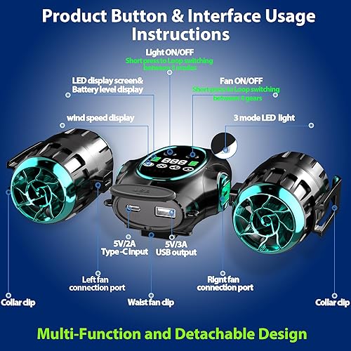 Miniatura 7 de Ventilador de cintura portátil, ventilador de camisa con luz, clip fresco actualizado 2025 recargable, batería externa de 8000 mAh, 4 velocidades