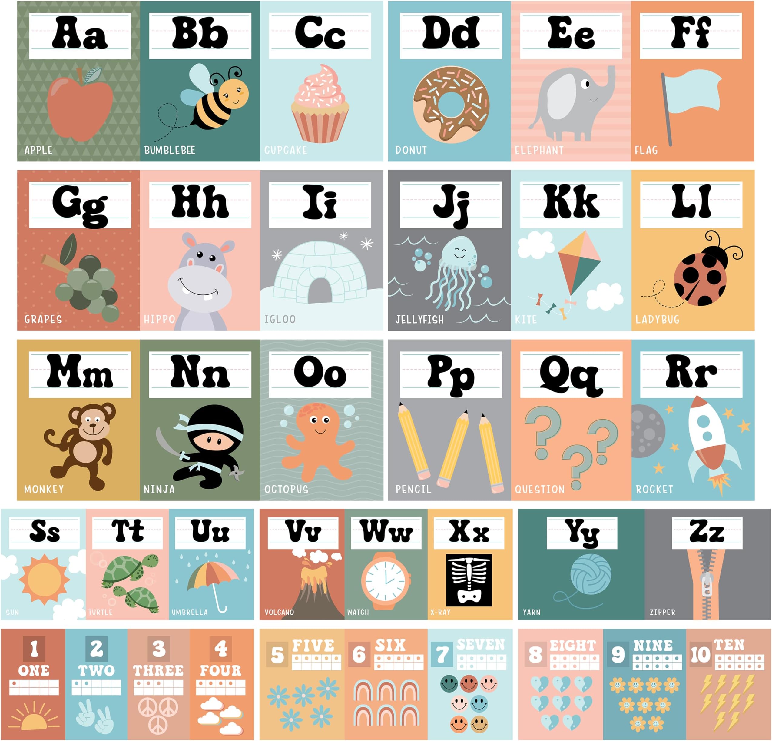 Hadley Designs Alphabet for Classroom Wall Decor - ABC Posters for Classroom Wall Chart Preschool & Kindergarten, ABC Letters & Number Line Elementary, Alphabet Cards, Retro Classroom Decor