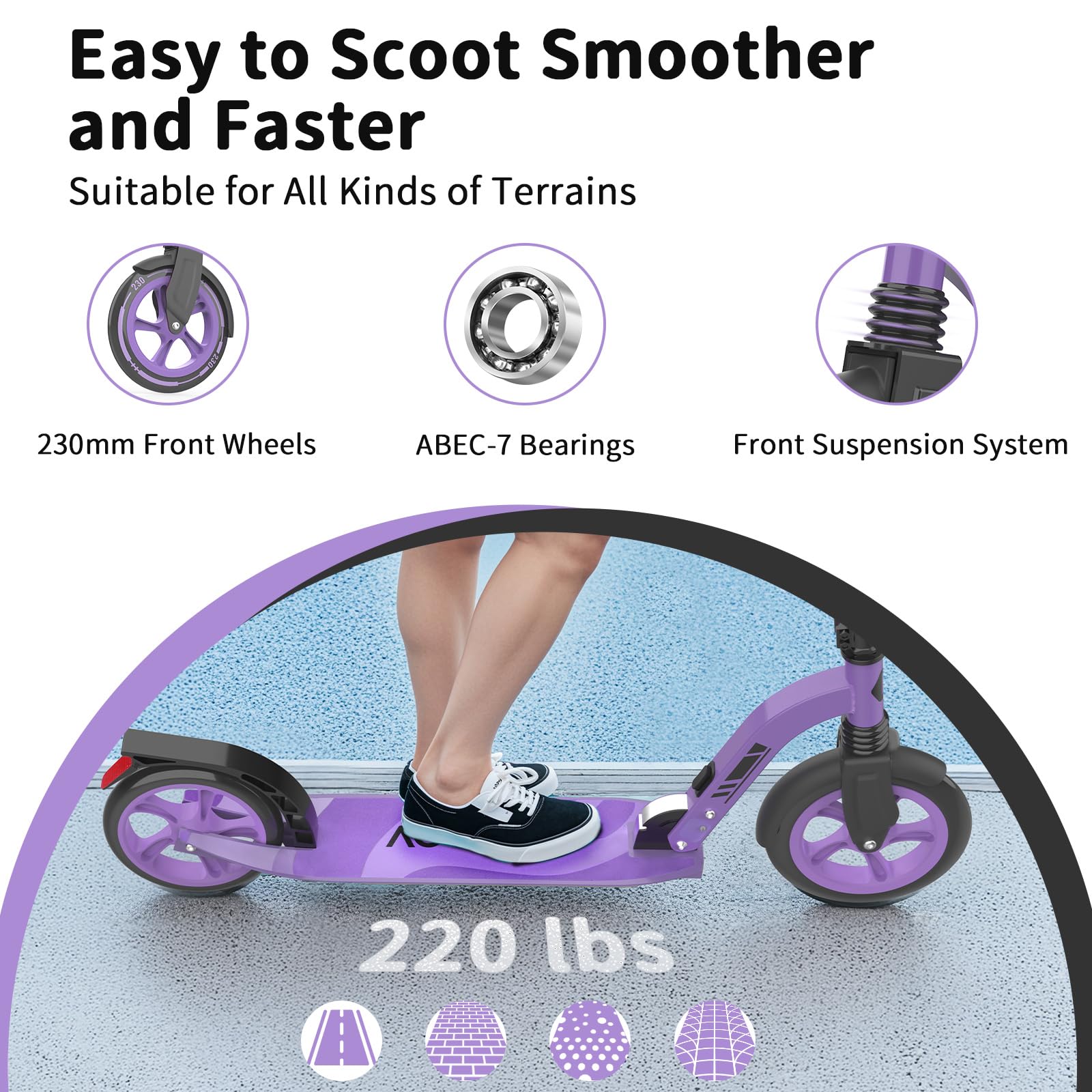 BELEEV Patinete Niño 2 Ruedas con LED Luces Deck,5 Altura Ajustable, Plegable Patinete Big Wheel 230mm Aluminio Scooter Adult con Correa de Transporte, Marco Resistente para 6+ Niño Niña y Adulto