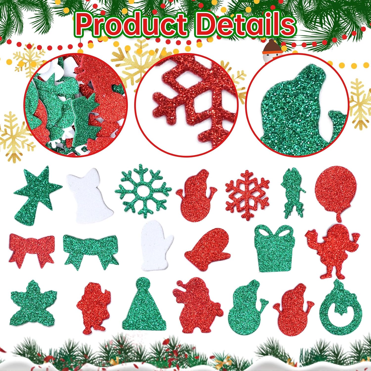 300 Pieces Christmas Glitter Foam Stickers - Assorted Santa, Snowflake, Tree, Bell, Gift, and Christmas Shape Foam Stickers Self-Adhesive for Kids Crafts DIY Winter Party Favor Supplies Decorations - Image 3