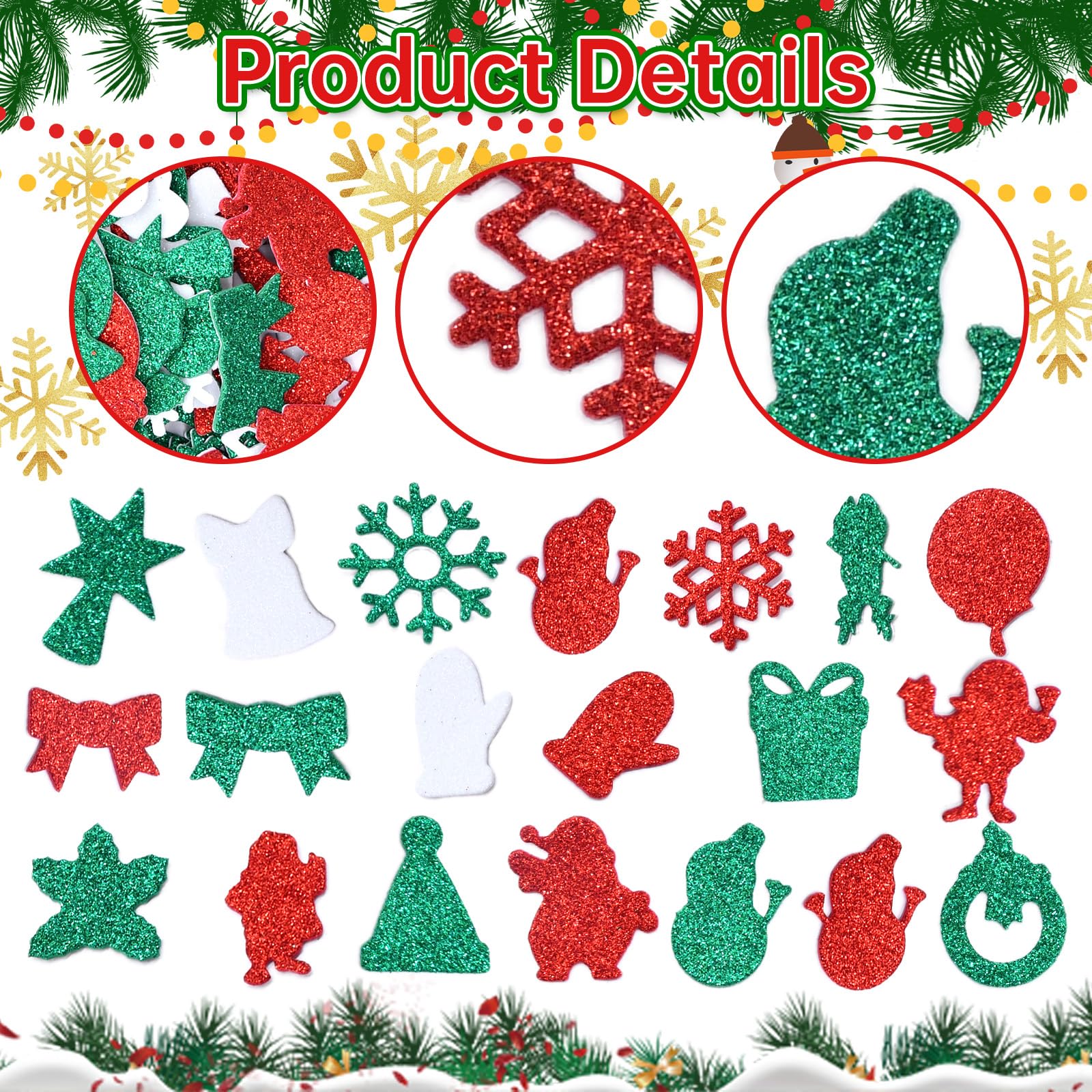 300 Stück Weihnachts-Glitzer-Schaumstoff-Aufkleber, verschiedene Weihnachtsmann, Schneeflocke, Baum, Glocke, Geschenk und Weihnachtsform, Schaumstoff-Aufkleber, selbstklebend, für Kinder, Basteln,