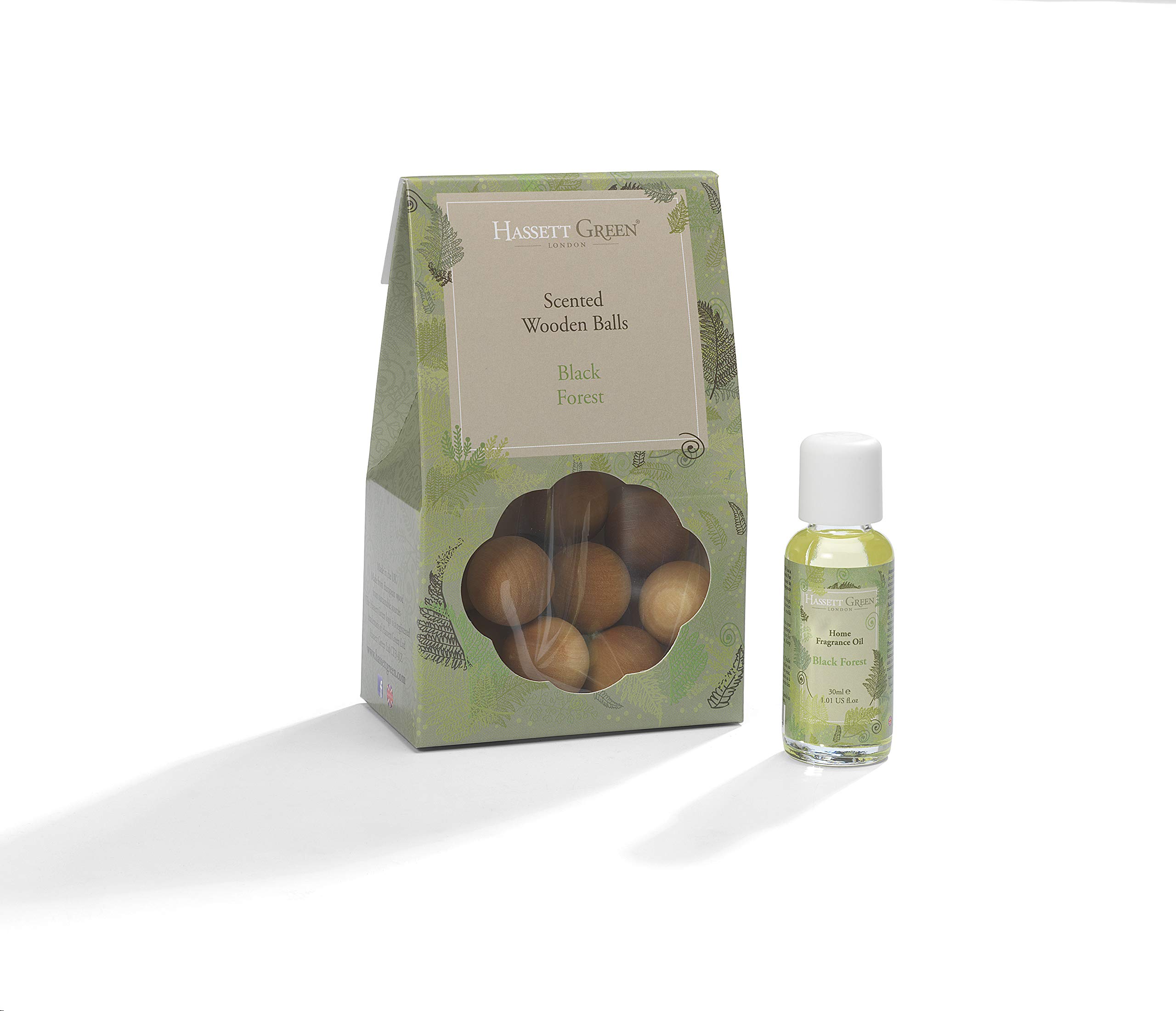 Hassett Green London - Black Forest Pine & Eucalyptus - Scented Wooden Balls Pack of 12 plus 30ml Bottle of Home Fragrance Oil for Refreshing - Alternative to Pot Pourri, Diffusers and Drawer Liners — image 1