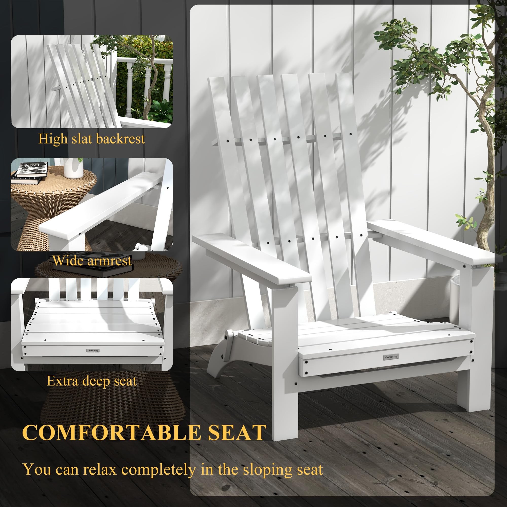 Outsunny Sedia Adirondack in legno, sedia da giardino pieghevole con braccioli carico 160 kg per patio terrazza balcone 68 x 81 x 93 cm bianco
