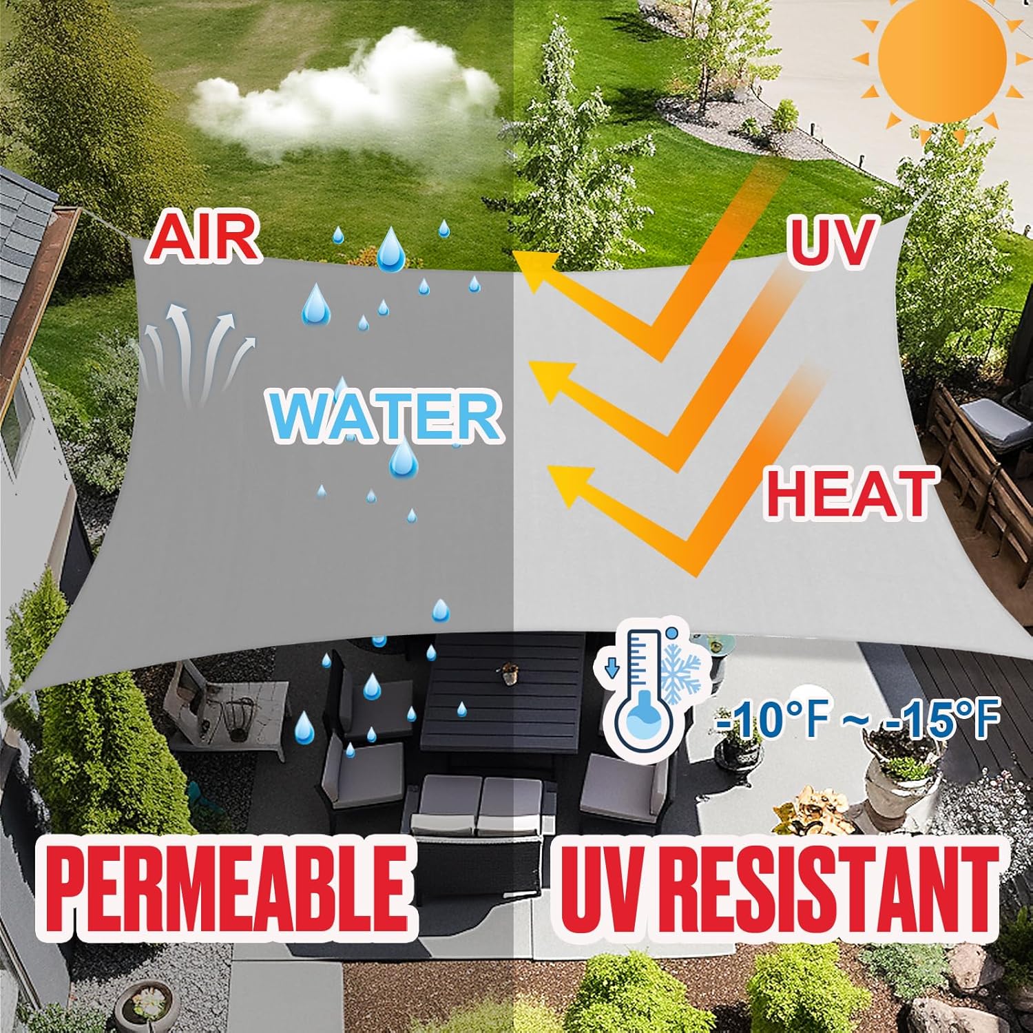 Amagenix Shade Sail 12'X14' Rectangle Light Grey Custom Size UV Block Breathable Canopy for Outdoor Deck