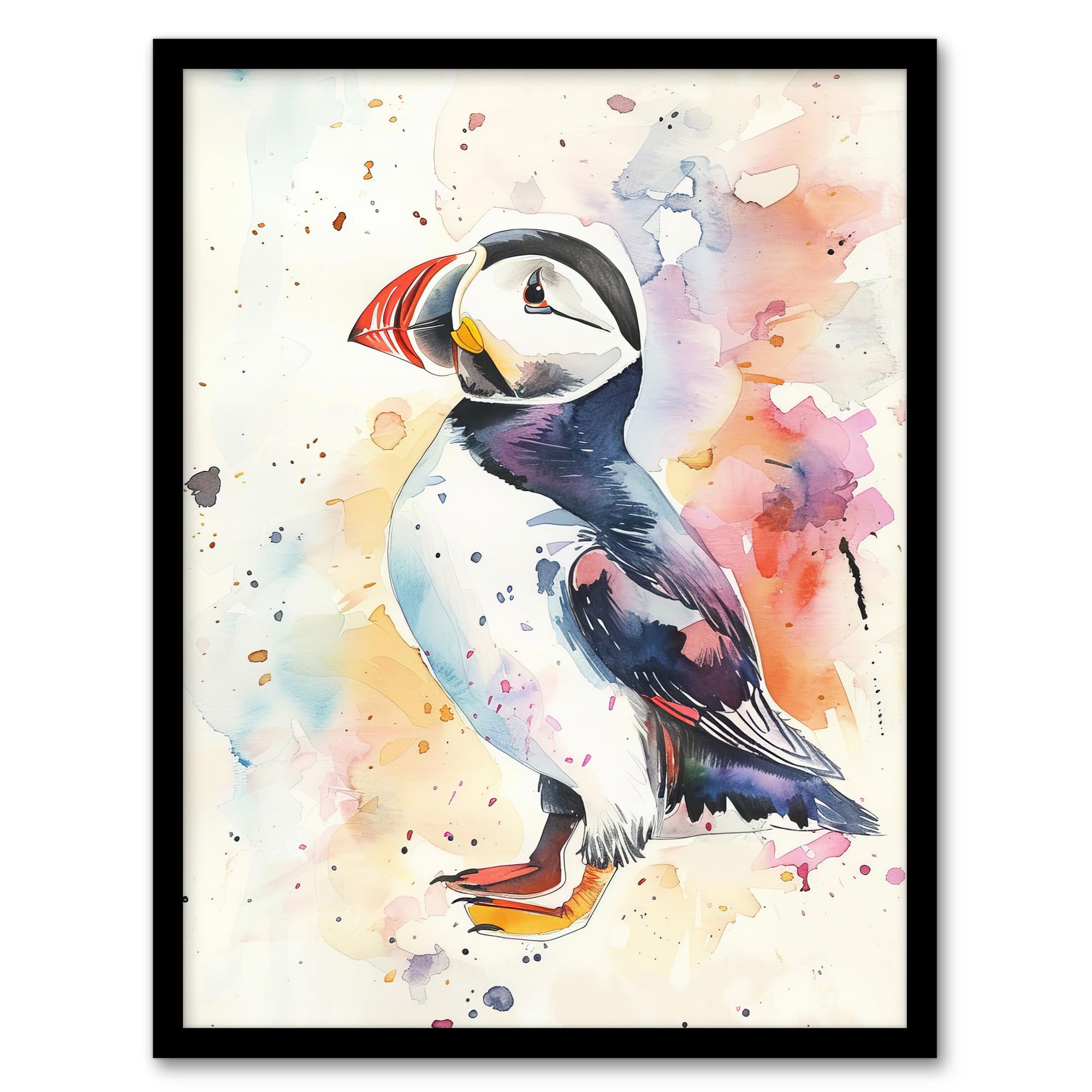 Artery8 Cute Puffin Bird Colourful Watercolour Portrait Living Room Art Print Framed Poster Wall Decor 12x16 inch