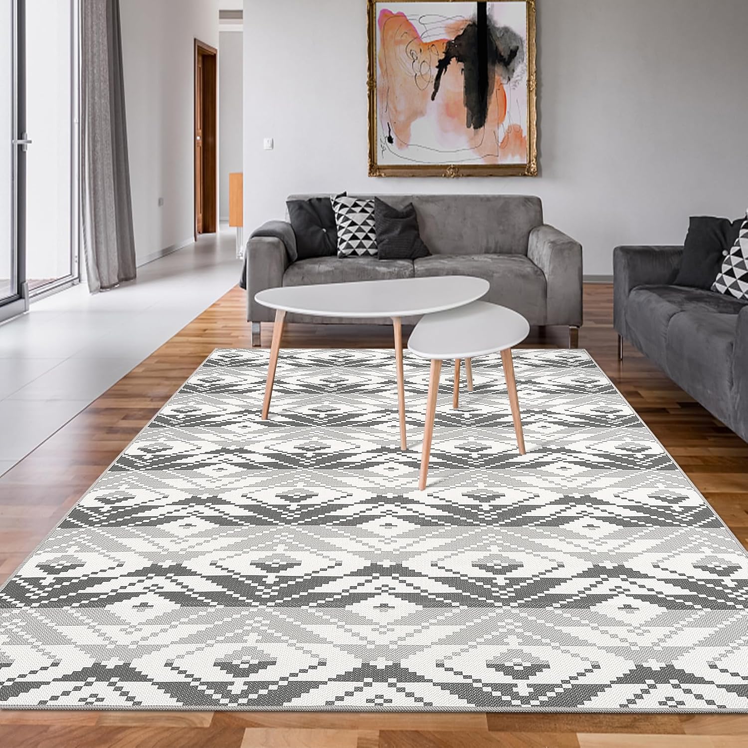 GarveeHome Indoor/Outdoor Area Rug 5x8 Moroccan Geometric Area Rug Non Slip Washable Rug Patio Rug Vintage Easy Clean Rustic Floor Carpet for Living Room Dining Room Kitchen Backyard Porch Black