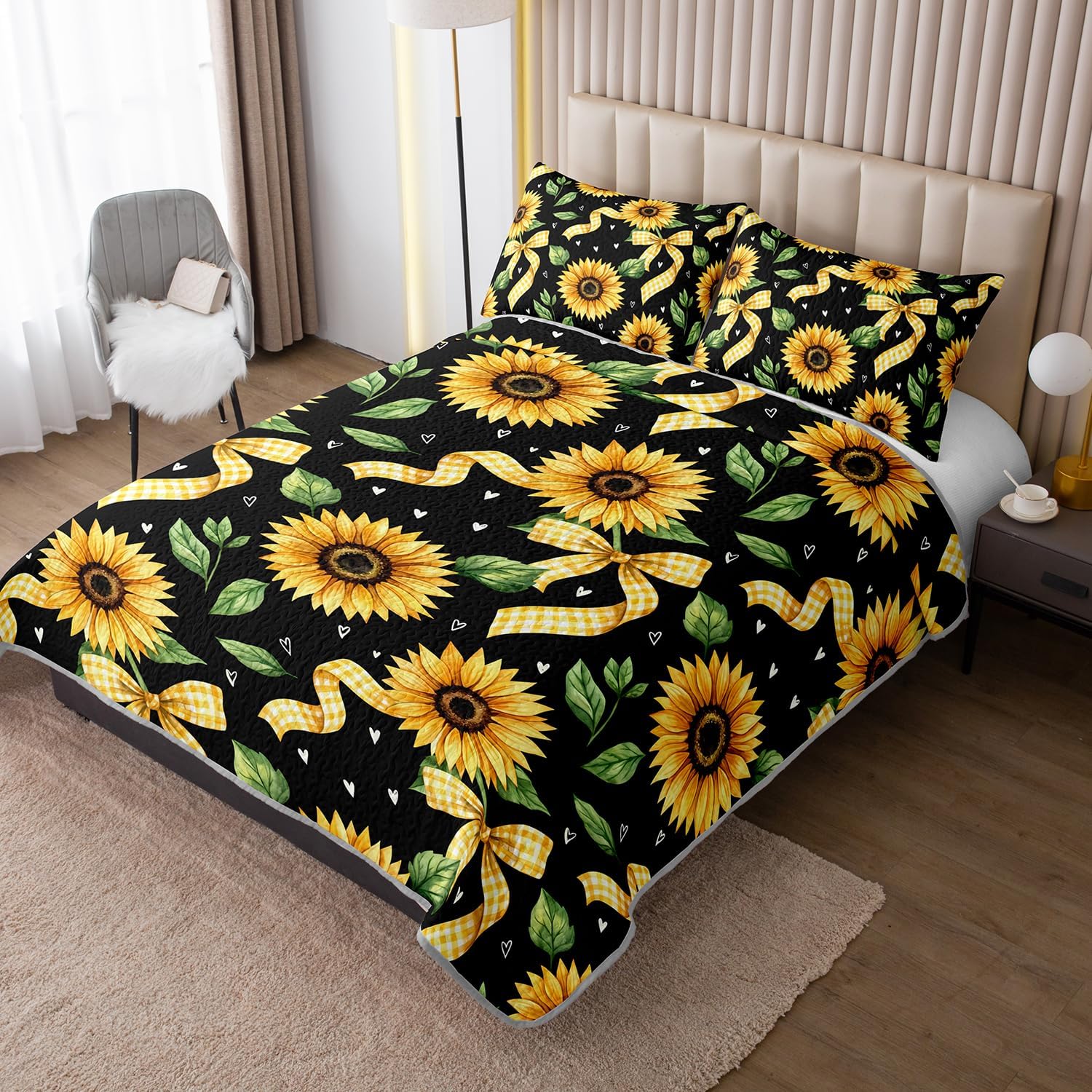 HOSIMA Sunflower Quilt Queen Size for Girls Women Bedroom Decor,Yellow Gingham Bow Print Floral Bedspread,Black Background Rustic Bedding with 2 Pillowcases for All Seasons.