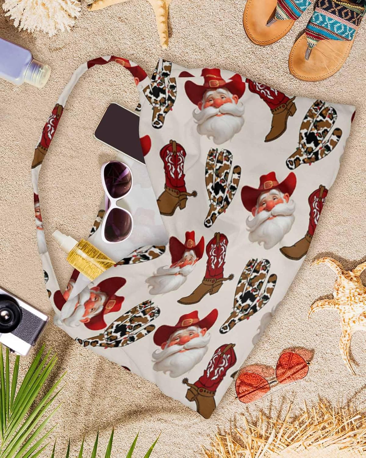 Cowboy Christmas Beach Chair Cover with Pockets, Microfiber Quick Dry Chaise Lounge Cover, Western Santa Xmas Winter Red Pool Lounge Chair Covers Towel for Sunbathing Patio Garden