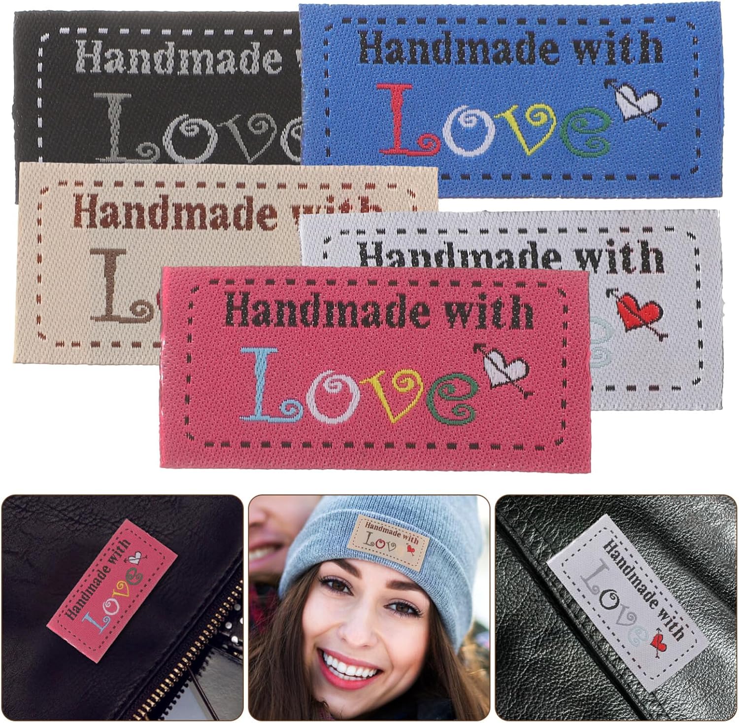 COHEALI Made with Love Sewing Labels: 100pcs Made with Love Clothing Labels Handmade Tags Personalized Sewing for Jeans Bags Shoes Hat Crafts, Knitting, Crochet Projects
