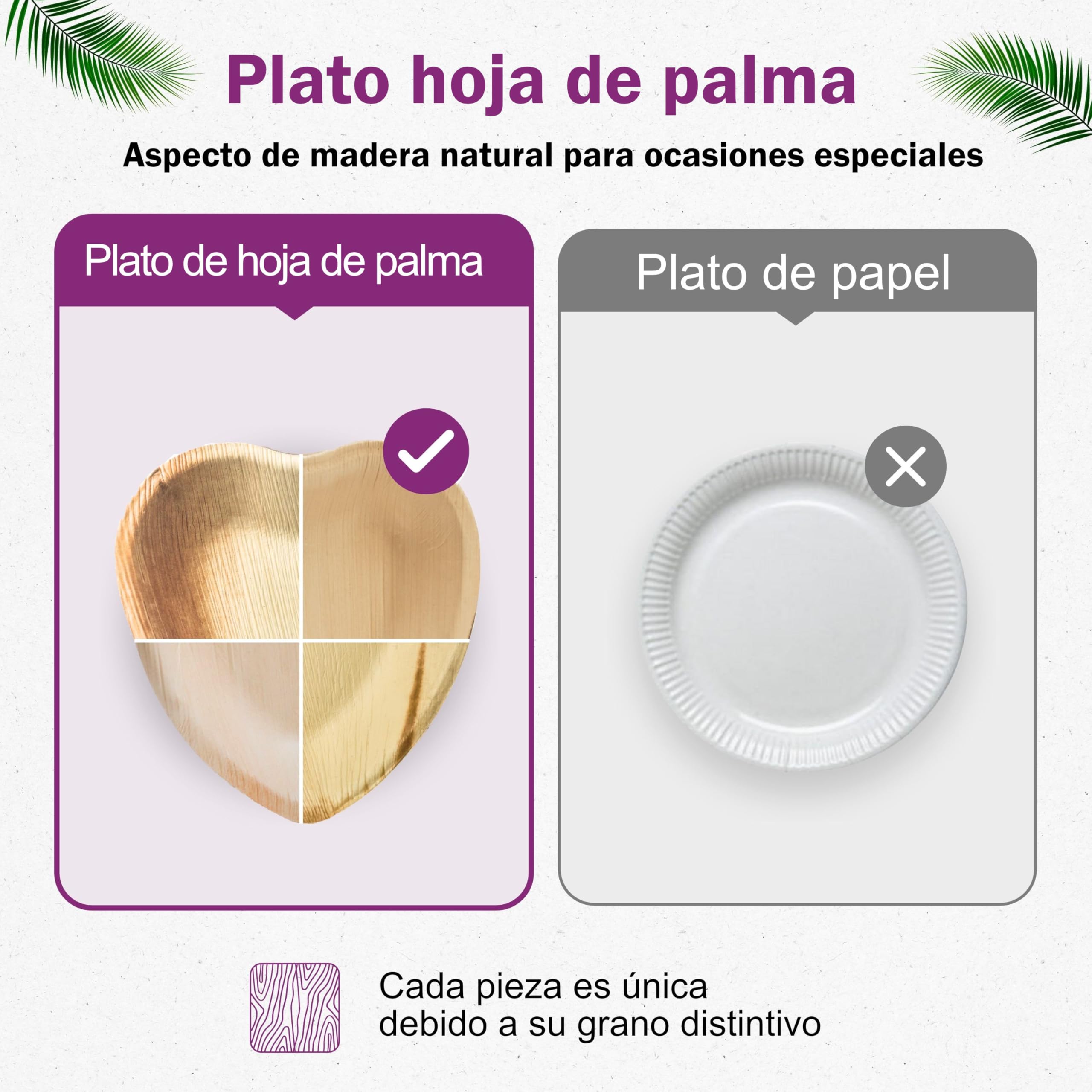 200 Platos Desechables de Hoja de Palma Orgánicos - Corazón 15 cm - Vajilla Ecológica Elegante - Estable, Natural y Compostable - Menaje de Fiesta - Estilo Madera - similar al Bambu