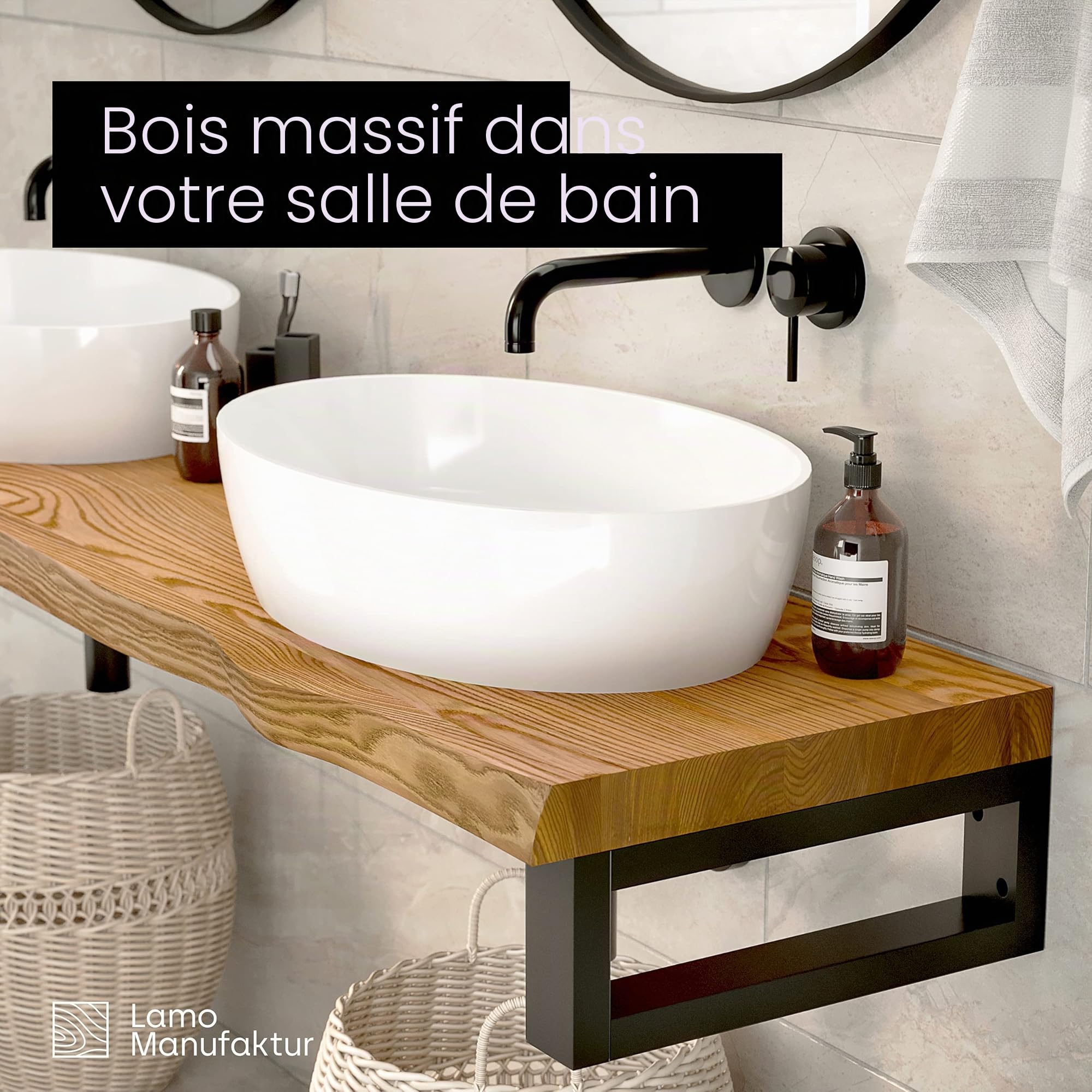 LAMO Manufaktur Plan vasque en bois, plan sous vasque salle de bain, plan de toilette, plan suspendu, bord naturel irrégulier (sans kit de fixation), 160x50 cm (L x H), Rustique, LWP-01-A-003-CO