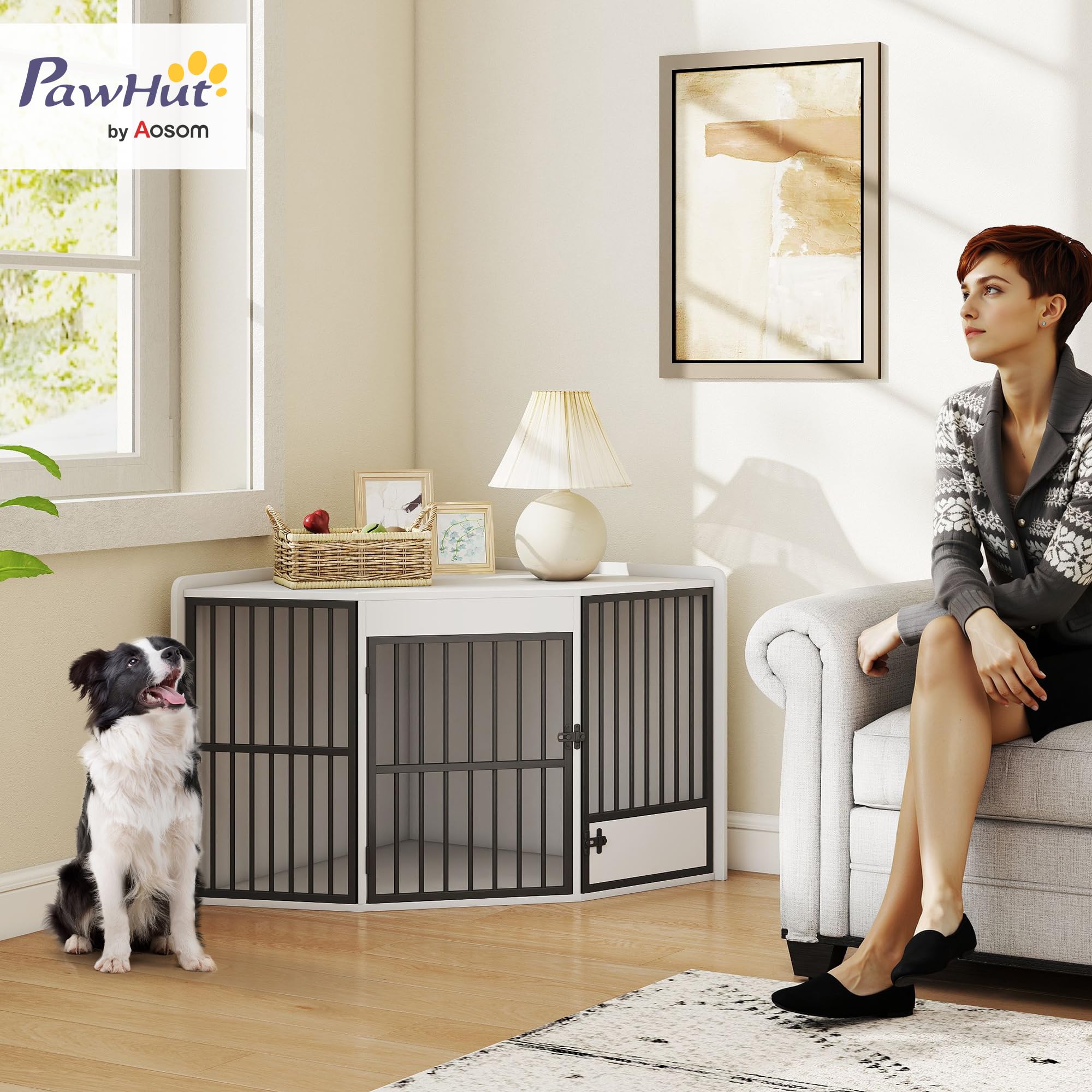 PawHut Eck-Hundekäfig Hundebox für Zuhause, Abschließbare Hundehütte Indoor mit drehbare Fütterungstür Hundehaus für kleine/mittlere Hunde Weiß 113 x 80 x 64 cm