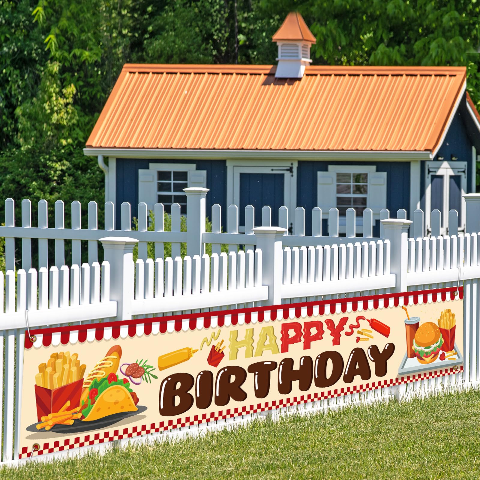 Pancarta de feliz cumpleaños de hamburguesas, tema de cocina, comida rápida, fondo de fotogarphy para niños, decoración de fiesta temática de cumpleaños, 9.8 x 1.6 pies