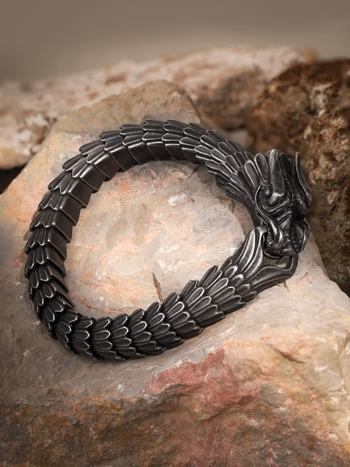 HAQUIL Viking Dragon Bracelet, Antique Oxidized Steel Ouroboros Jormungandr Link Bracelet, Viking Jewelry Gift for Men - Image 2