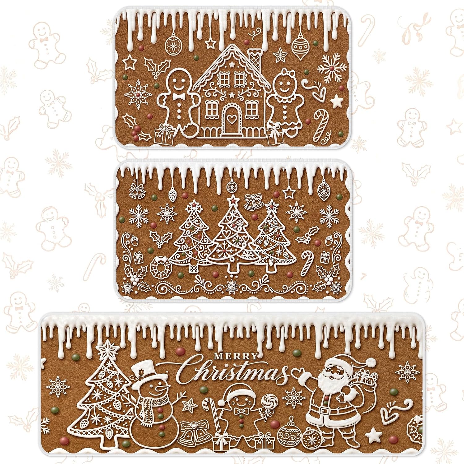 3 Pcs Christmas Kitchen Rugs and Mats Set, Gingerbread Cookie Style Non Slip Floor Mats, Waterproof Runner Rug with Santa Snowman Gingerbread Man for Kitchen Bathroom Door Party Decor