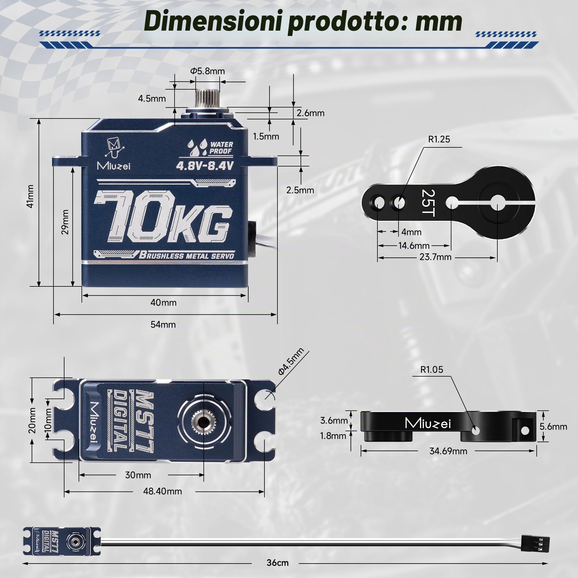Miuzei Servo RC Servo 70 kg 180° Digital servomotore High Torque Metal Gear per 1/10 1/8 1:7 Auto RC Car Boot Aereo Impermeabile 4,8 – 6,0 – 8,4 V CNC Metallo Standard Servo con cavo 25T