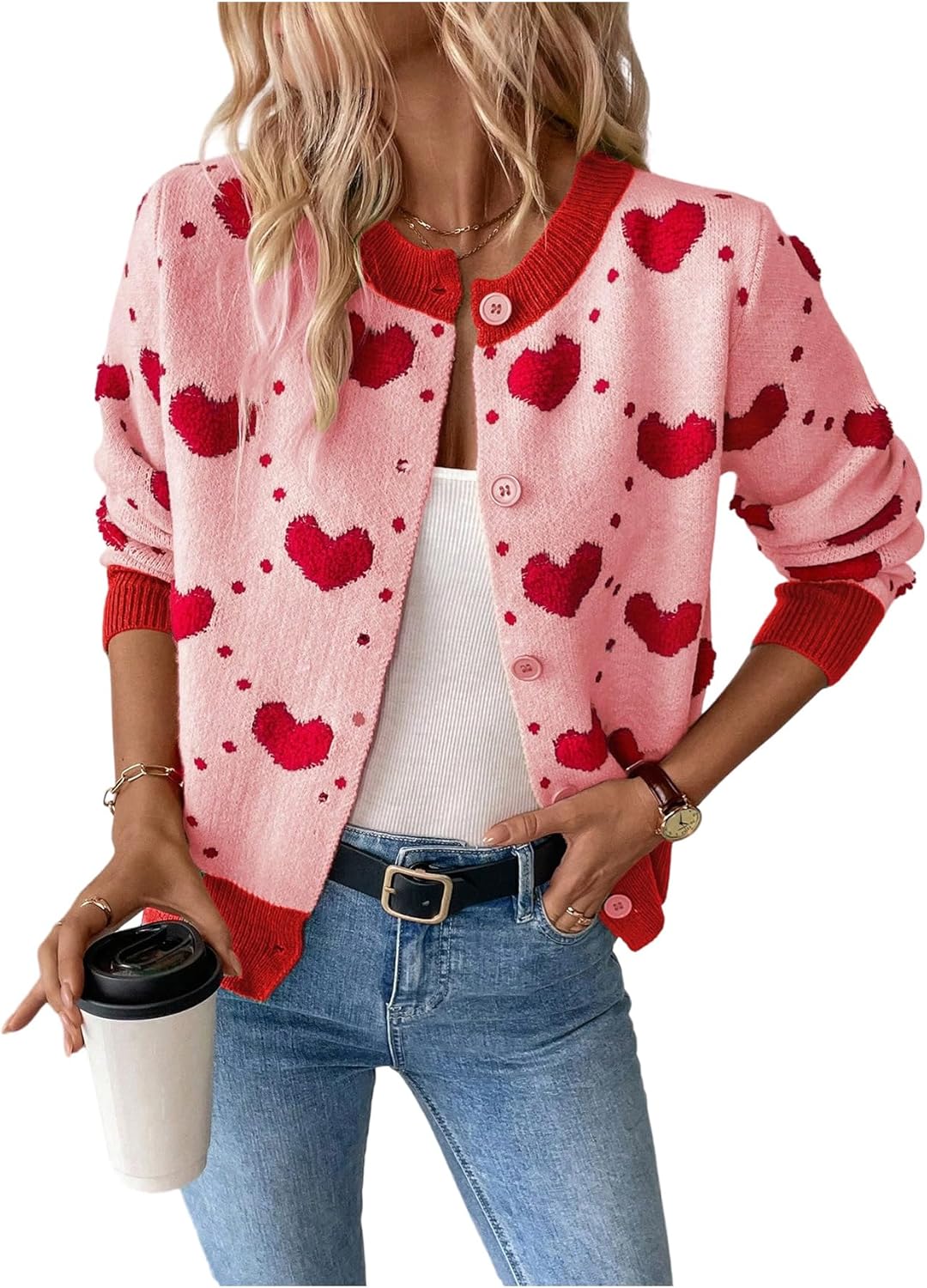 GORGLITTER Women's Heart Long Sleeve Button Down Cardigan Sweater Fall Trendy Dressy Color Block Knit Short Cardigans