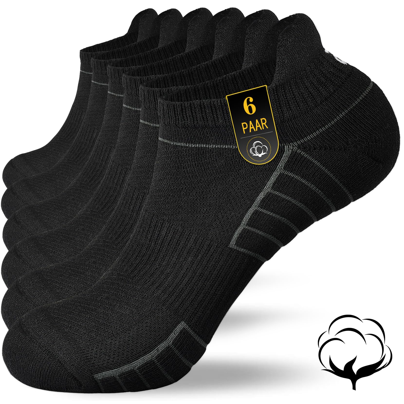 Cevapro 6 Paar Sneaker Socken Herren Damen Baumwolle Sportsocken Atmungsaktive Laufsocken Kurz Fußbogenstütze Gepolstert Halbsocken Unisex Schwarz Weiß 35-38 39-42 43-47 47-50