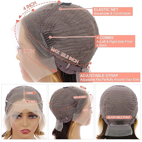 Miniatura 7 de Peluca de cabello humano rubio miel con reflejos de 12 pulgadas, color degradado 427 HD con encaje frontal Bob, pelucas de cabello humano sin