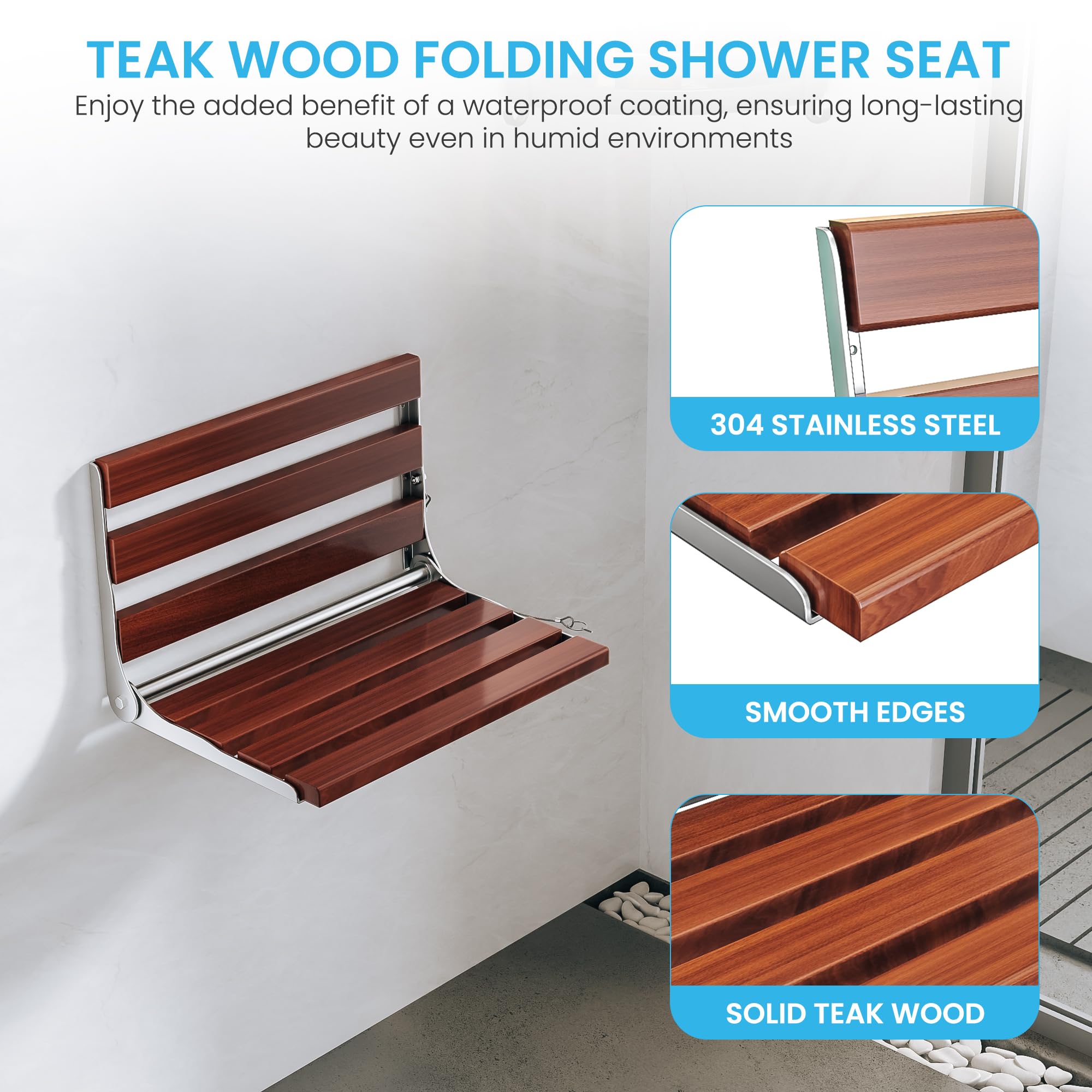 Asiento de ducha plegable de teca para ancianos, silla de ducha plegable montada en la pared con marco de acero inoxidable 304 resistente, asiento de seguridad de baño compatible con ADA