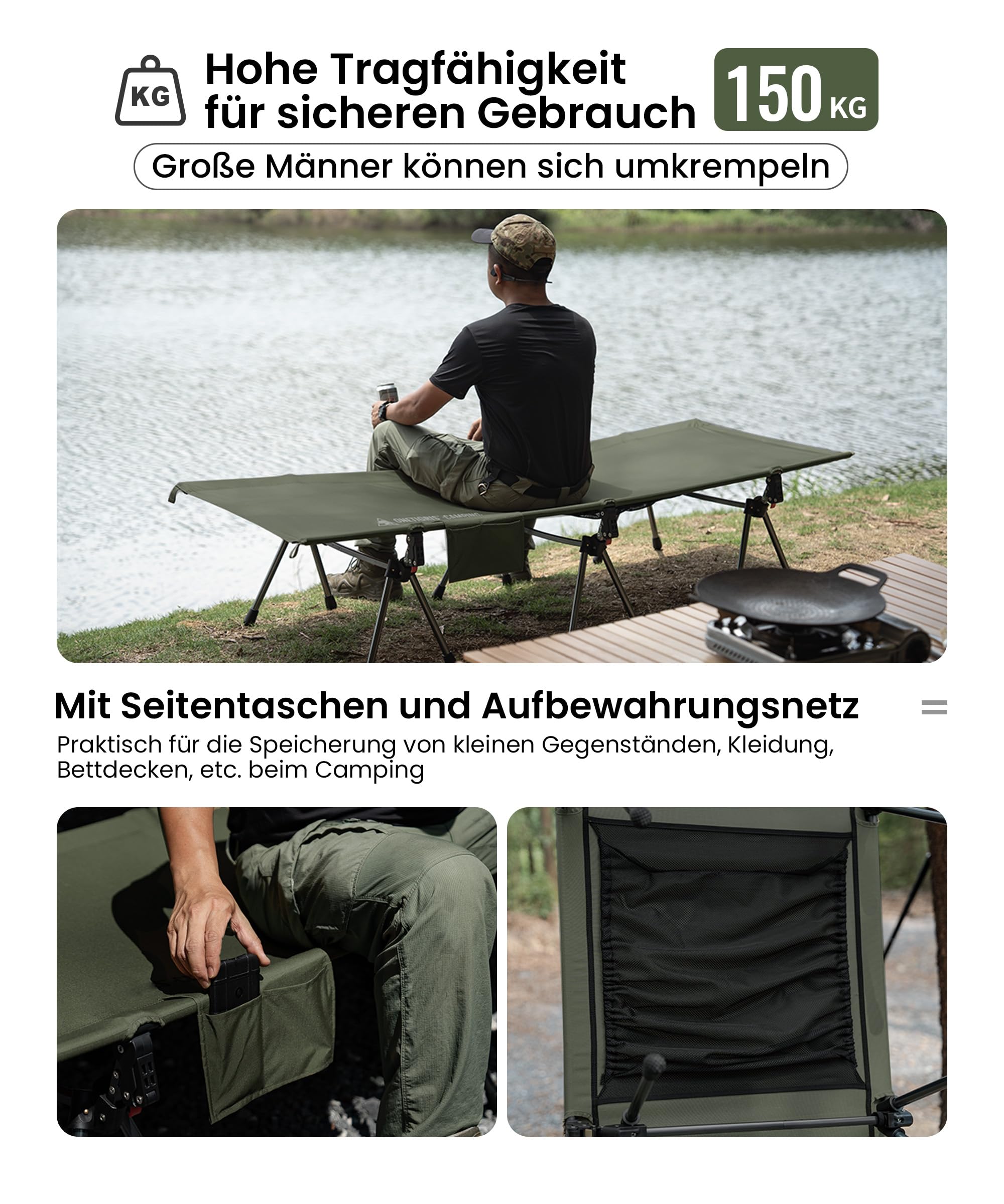 OneTigris SUPRANUBIS Cama plegable de 190 × 70 cm, cama de camping portátil plegable ligera, cama plegable de camping de hasta 150 kg para tienda de campaña, exterior, viajes, jardín, oficina