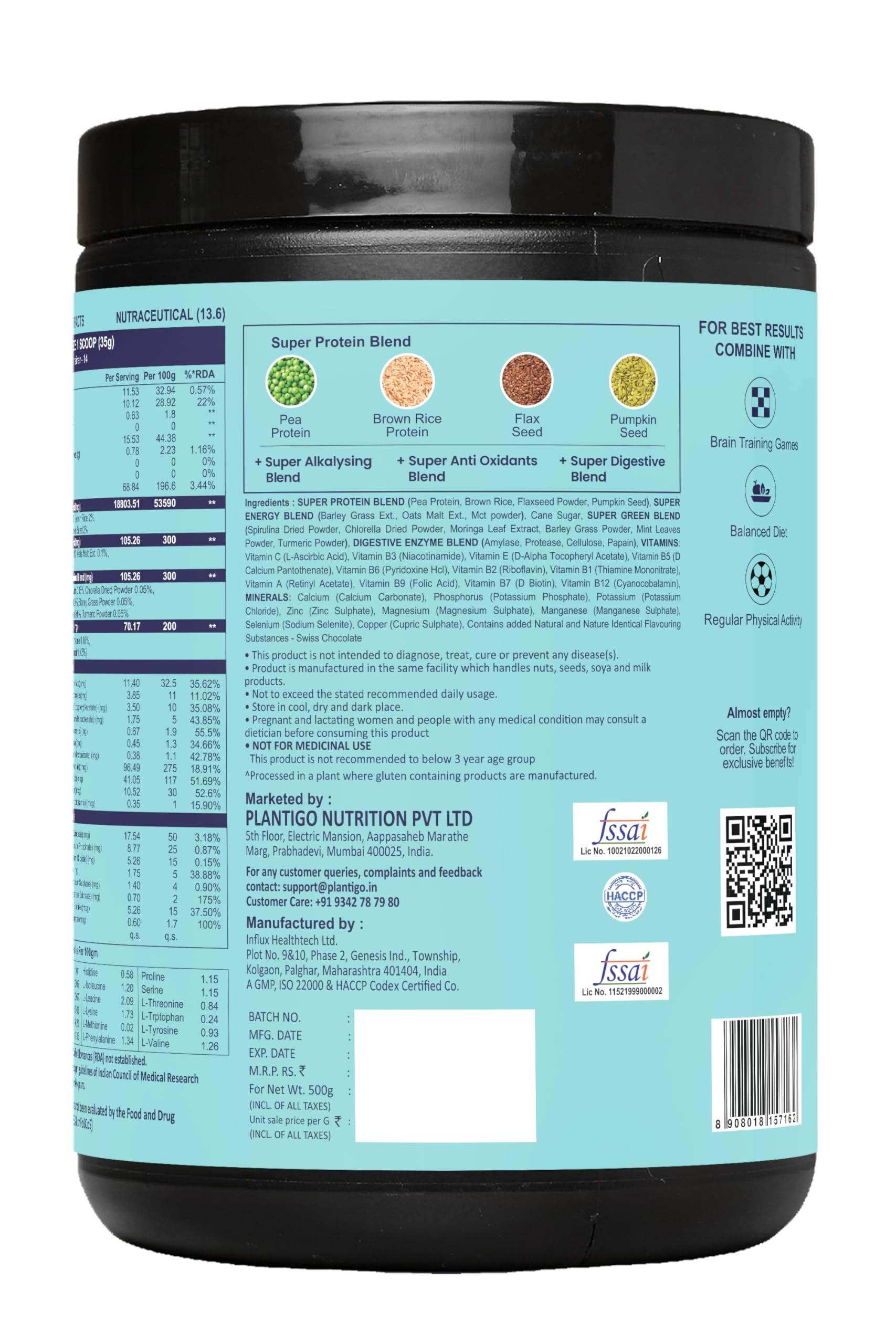 Plantigo Kids Protein 14g, 11 Vitamins, 8 Minerals, Nutrition Supplement | Muscle, Bone Growth & Brain Health | Protein Powder for Kids 10+ years | Swiss Chocolate Flavor - 500g + Shaker, 600ml 2
