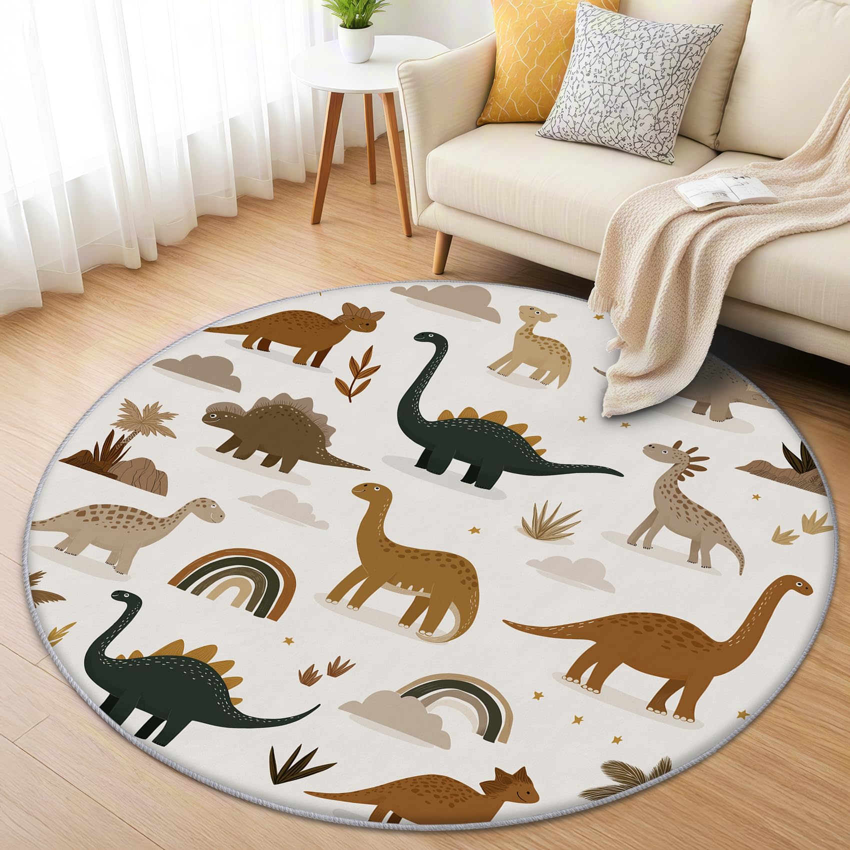 Dinosaurier Kinder Teppich Rund 120cm Kurzflor - Waschbare Teppiche Wohnzimmer Niedlich Cartoon Dino - Runder Teppich 120 Durchmesser Kinderzimmer - Bettvorleger Schlafzimmer rutschfest