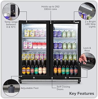 Baridi Back Bar Drinks Fridge/Cooler with Double Glazed Glass Hinged Door & Security Lock for Commercial & Domestic Settings 190L, Black - DH272 [Energy Class B]