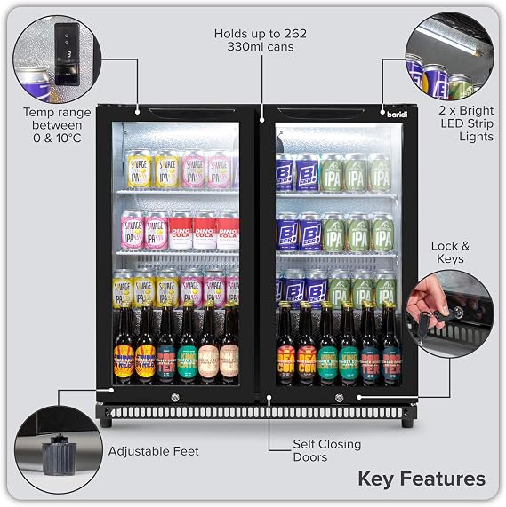 Baridi Back Bar Drinks Fridge/Cooler with Double Glazed Glass Hinged Door & Security Lock for Commercial & Domestic Settings 190L, Black - DH272 [Energy Class B]