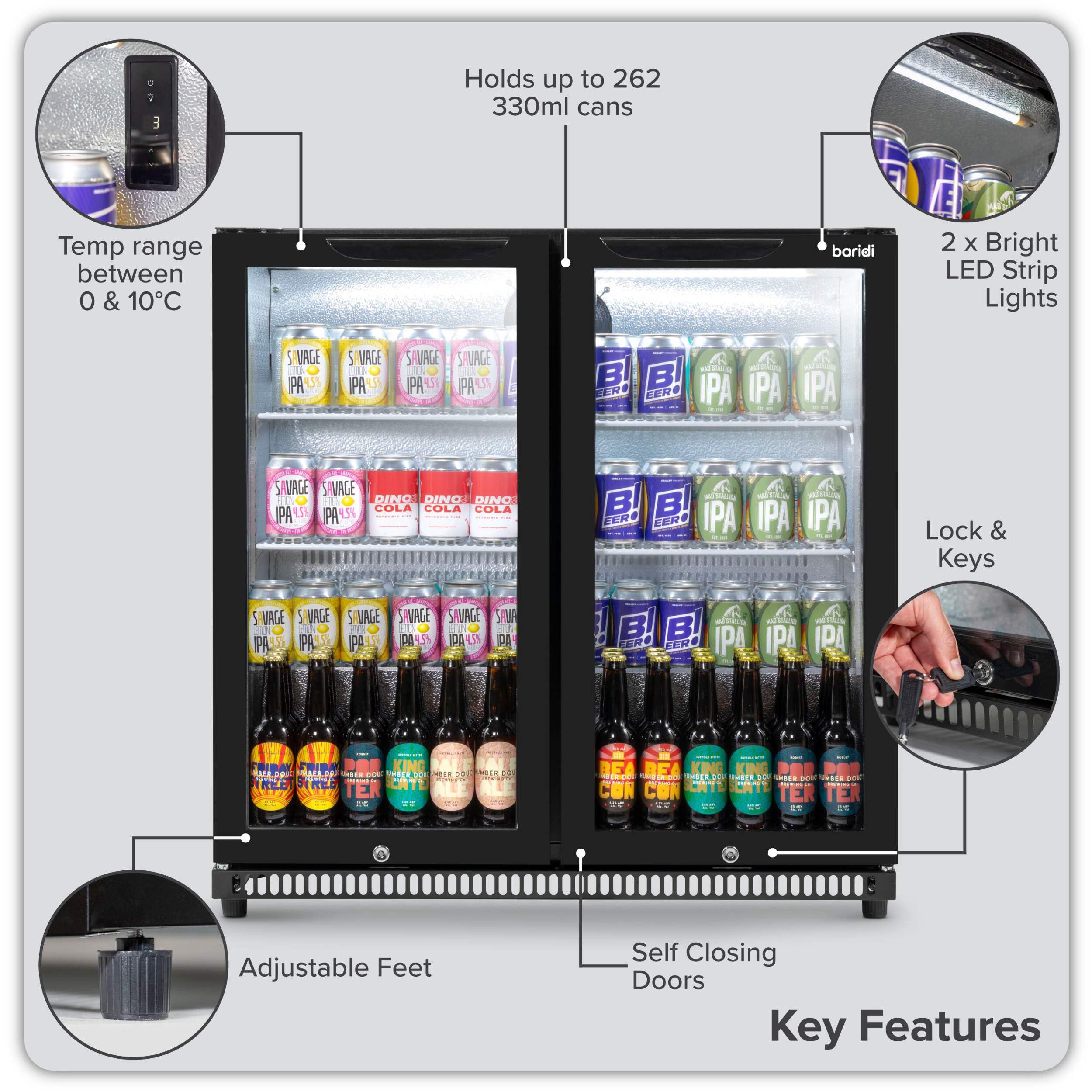 Baridi Back Bar Drinks Fridge with Hinged Double Door, 190L Capacity - DH272 — view 6