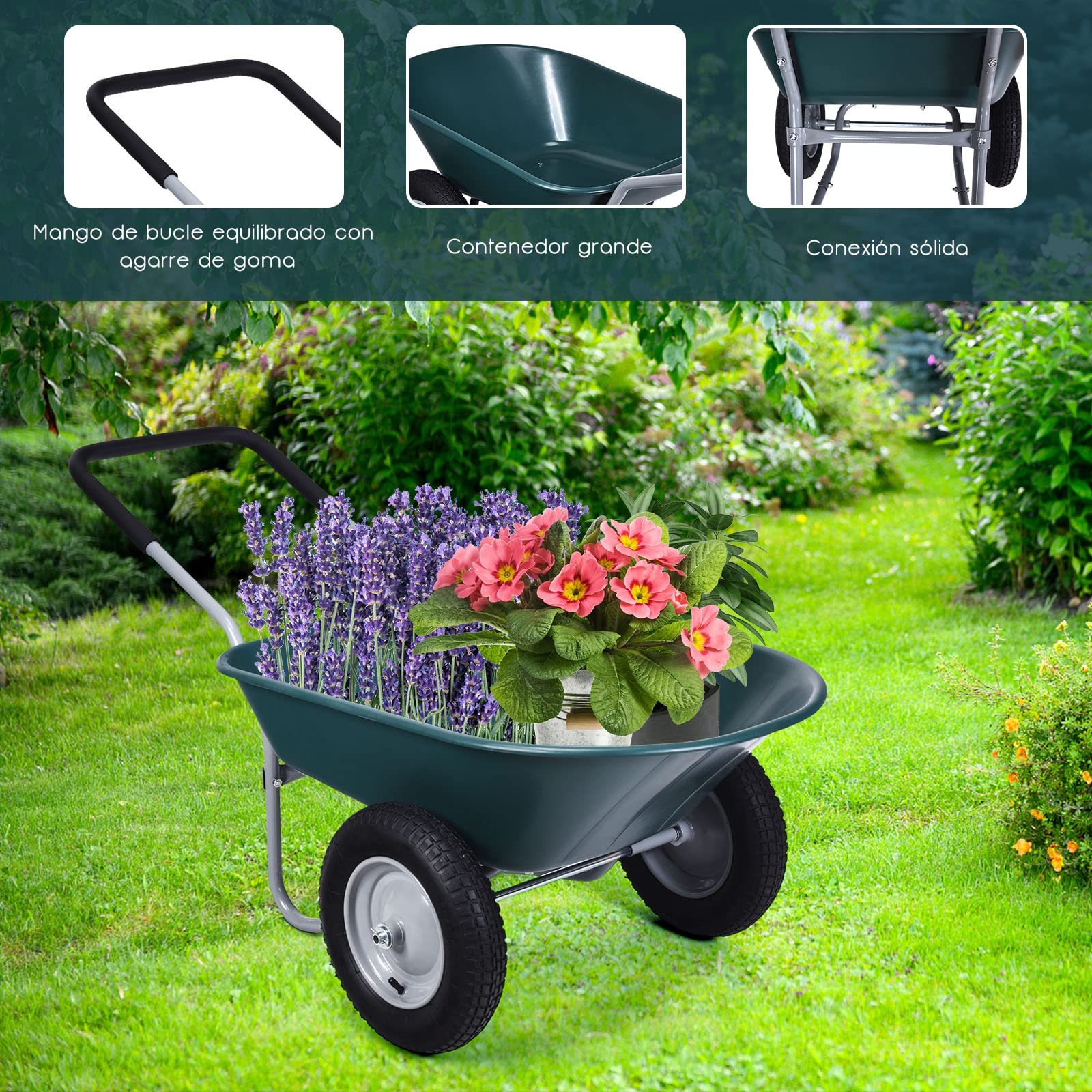 COSTWAY Carretilla con 2 Ruedas de Jardín, Carro Resistente con Estructura en Acero Robusto y Ruedas Neumáticas 35,5 cm, Gran Capacidad de Carga de 100 kg (Verde)