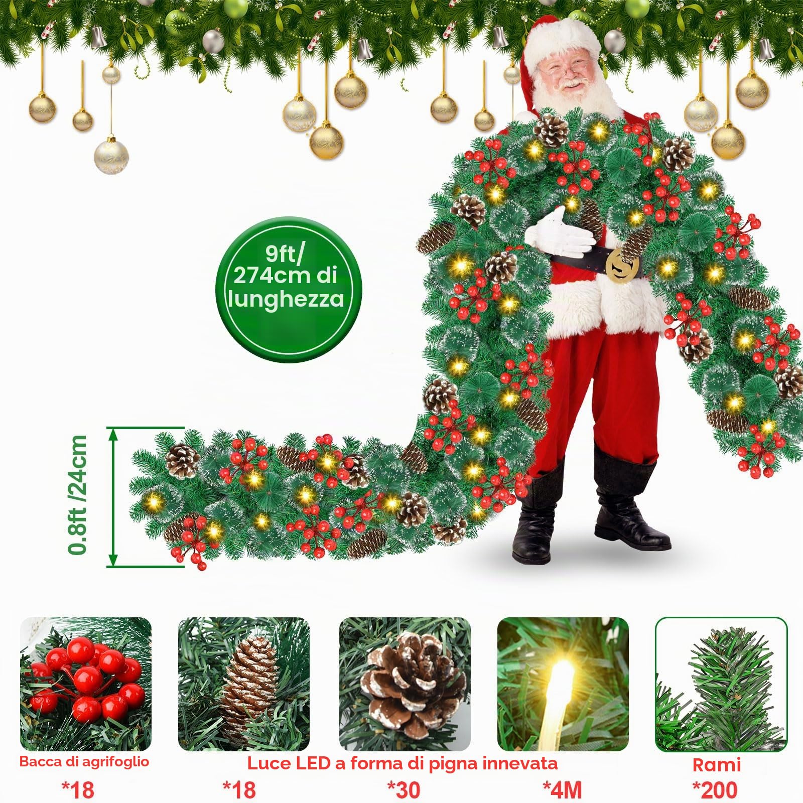 Timiyou Ghirlanda Natalizia 2.7M con 30LEDs, Decorazioni Natalizie con Luci Alimentate a Batterie! Perfetta per Porta, Camino e Scale - Trasforma Il Tuo Natale