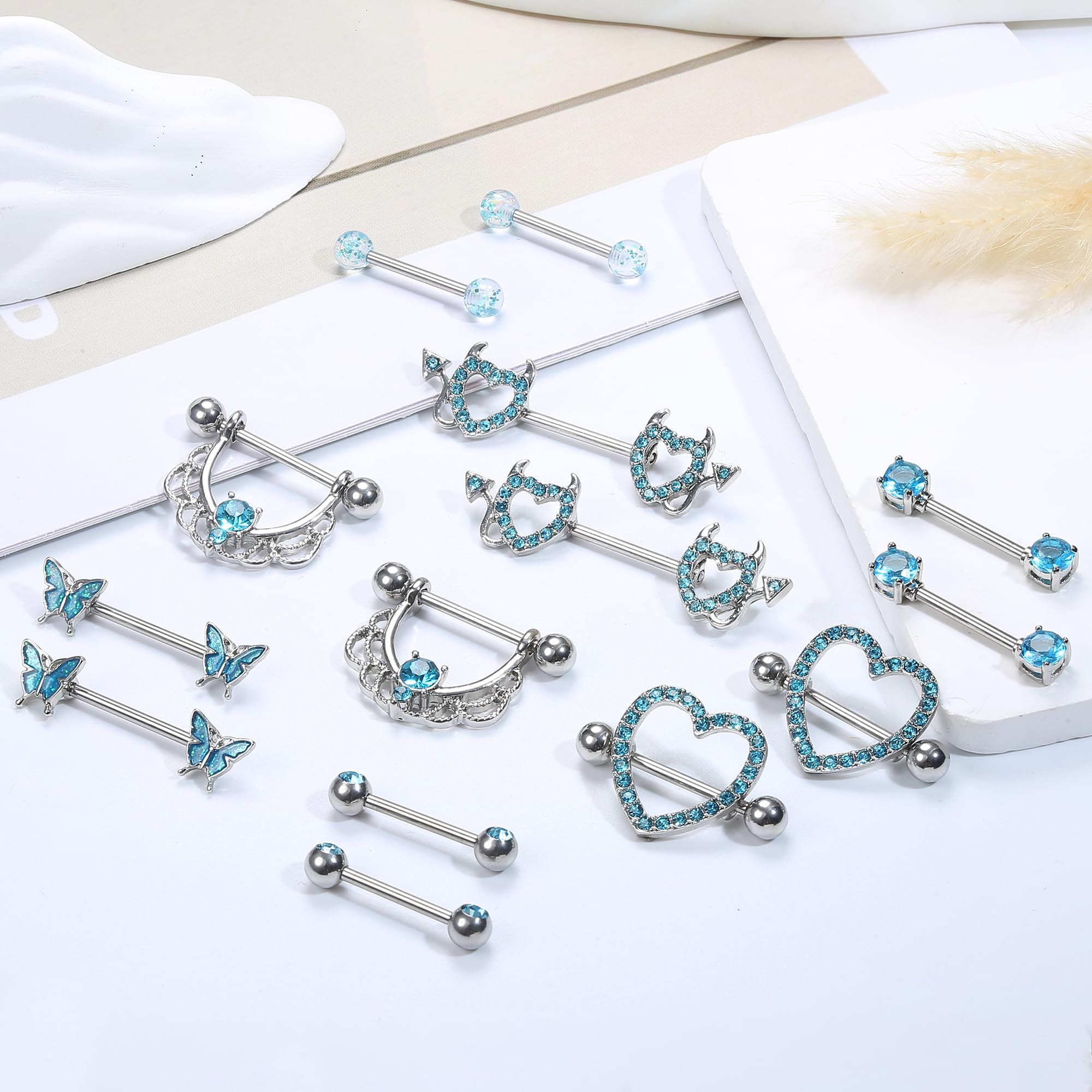 Fansilver 7 Pairs 14G Nipple Rings Surgical Steel Nipple Piercing CZ Heart Butterfly Barbell Tongue Rings Set Cute Nipple Tongue Piercing Jewelry for Women: B. Blue Nipple Piercing