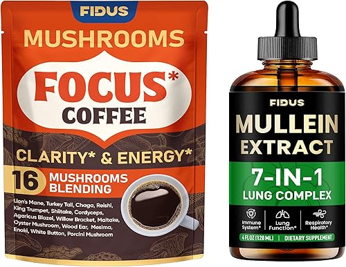 Fidus Café de hongos con adaptógenos + gotas de gordolobo para apoyo pulmonar e inmunológico, mezcla 16 en 1 con ashwagandha y 7 extractos de