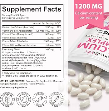 Calcium Complex with Vitamin D3 and K2, Calcium Supplement with Vitamin B1, B2 & B12, Supports Bones Teeth & Muscle Health, Non-GMO, Gluten-Free, 120 Softgels