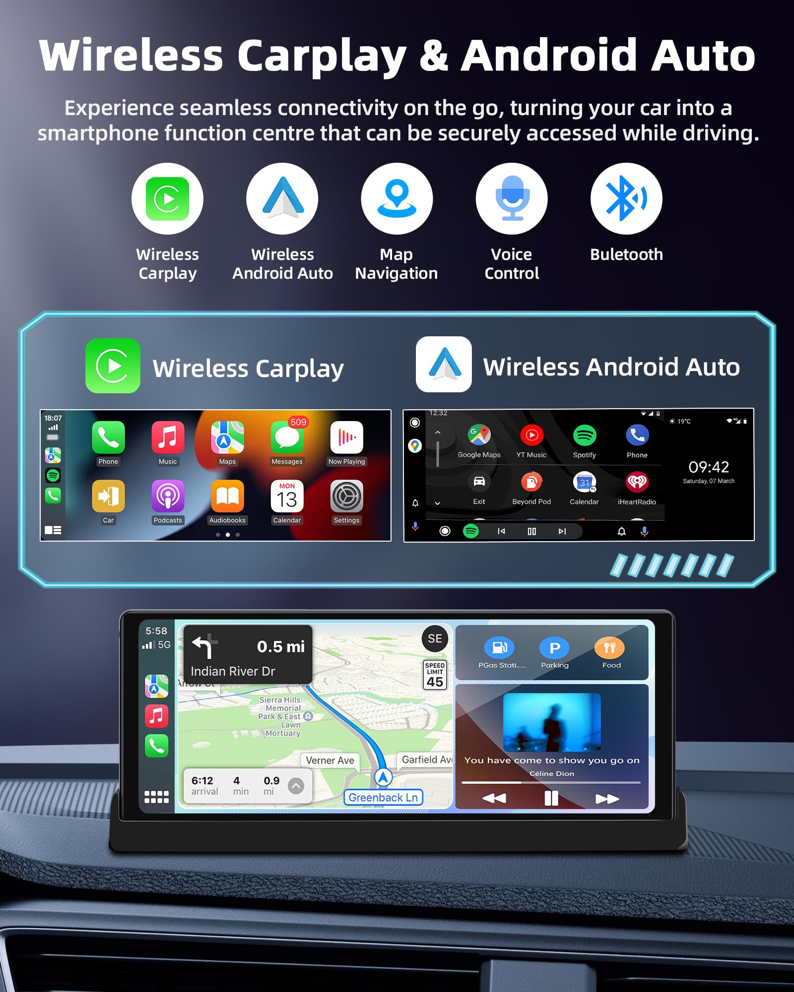 2026 Unique Schermo Carplay Android Auto Display con Supporto di Base, 10,26 Pollici Schermo Auto Carplay con Aggiornamento OTA Super link, GPS Navigation Siri/GoO.gle